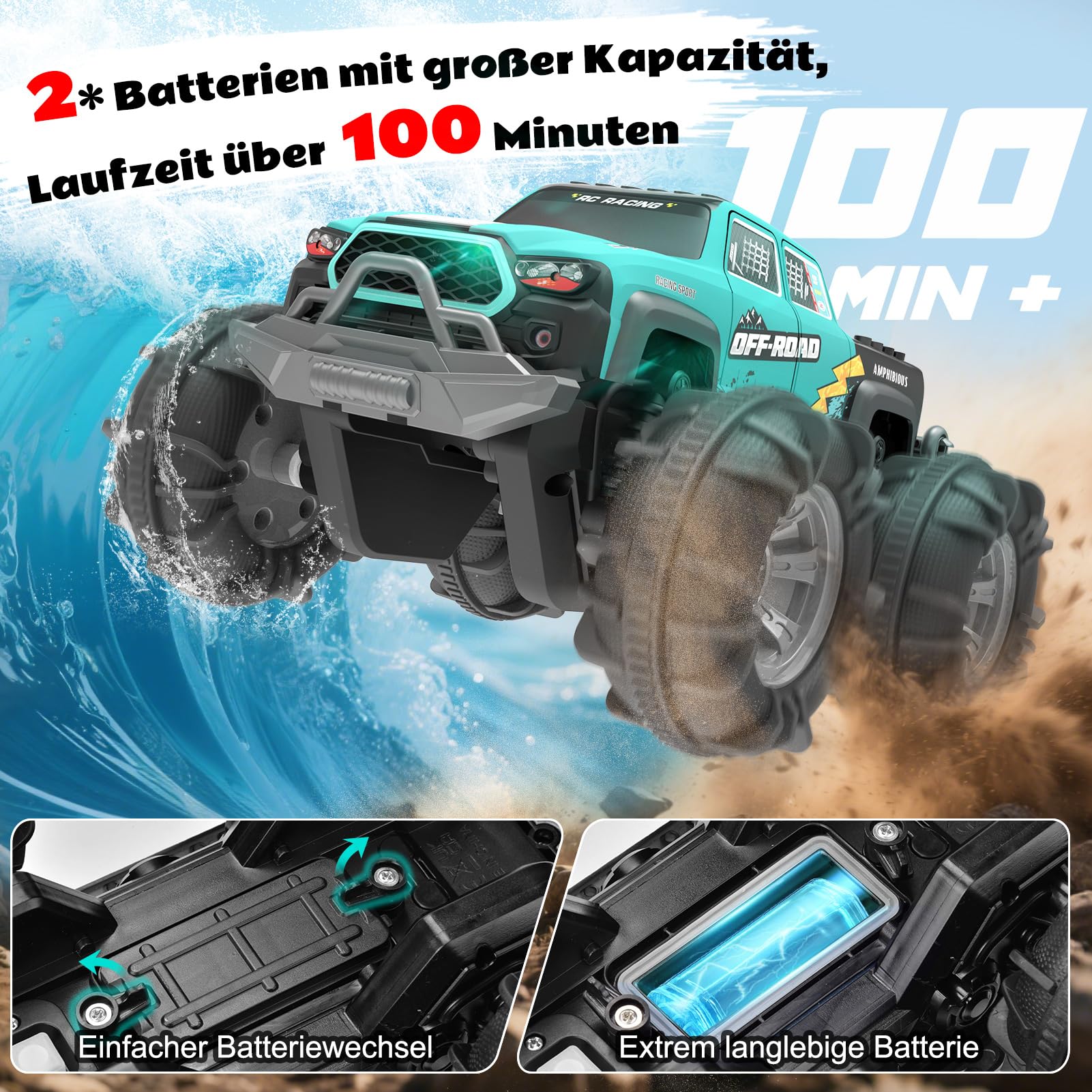 4WD Amphibisches Ferngesteuertes Auto,RC Auto wasserdicht mit Gestensensor,LED Licht & 2 Akkus,Geschenk für Jungen & Mädchen 4-12 Jahre,Spielzeugauto für Sand,Wasser & Gelände,Baustein-kompatibel