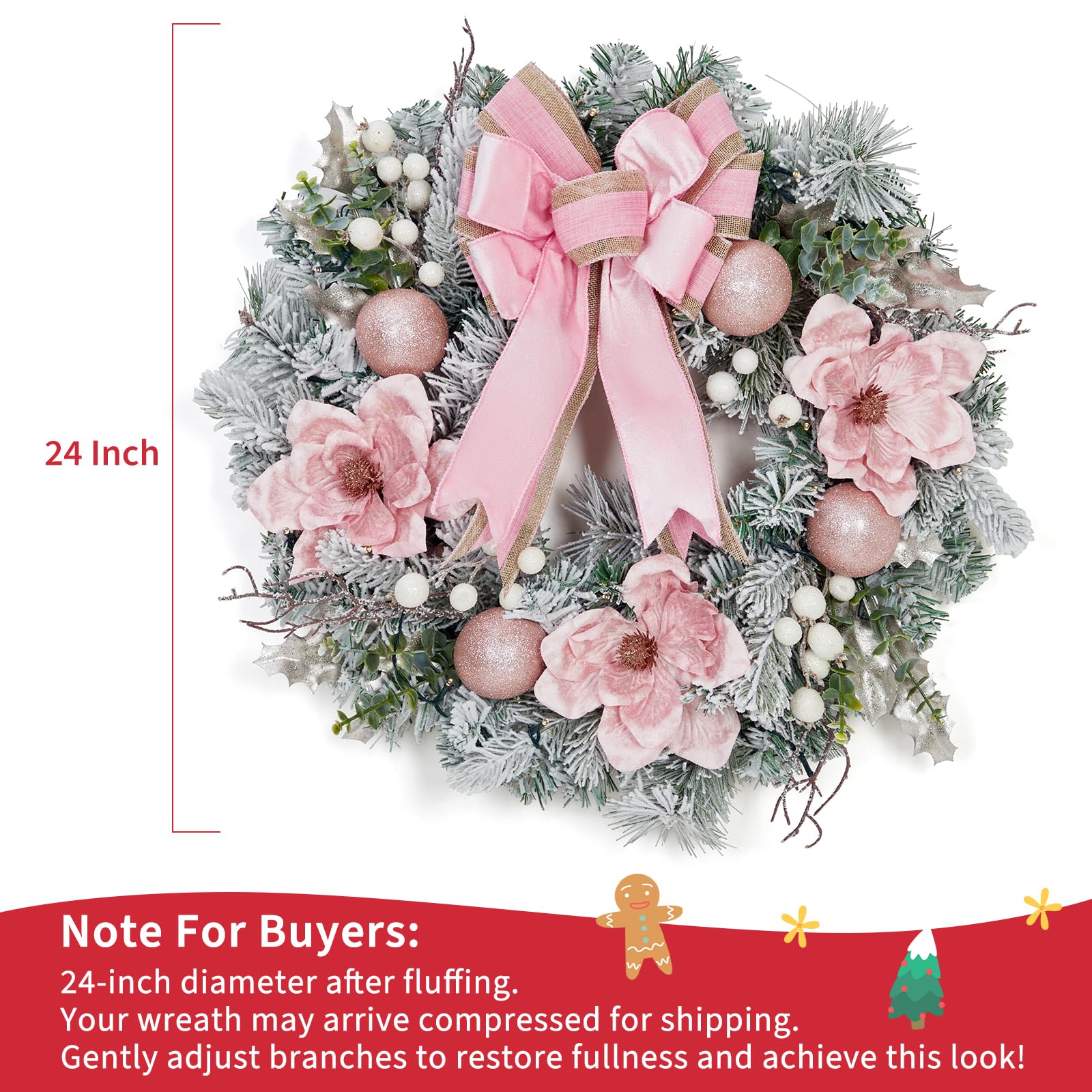 Grande couronne de Noël pré-éclairée pour porte d'entrée, 61 cm pour décoration de vacances, couronne de Noël lumineuse à piles avec fleurs, boules décoratives et 20 lumières LED pour fenêtre