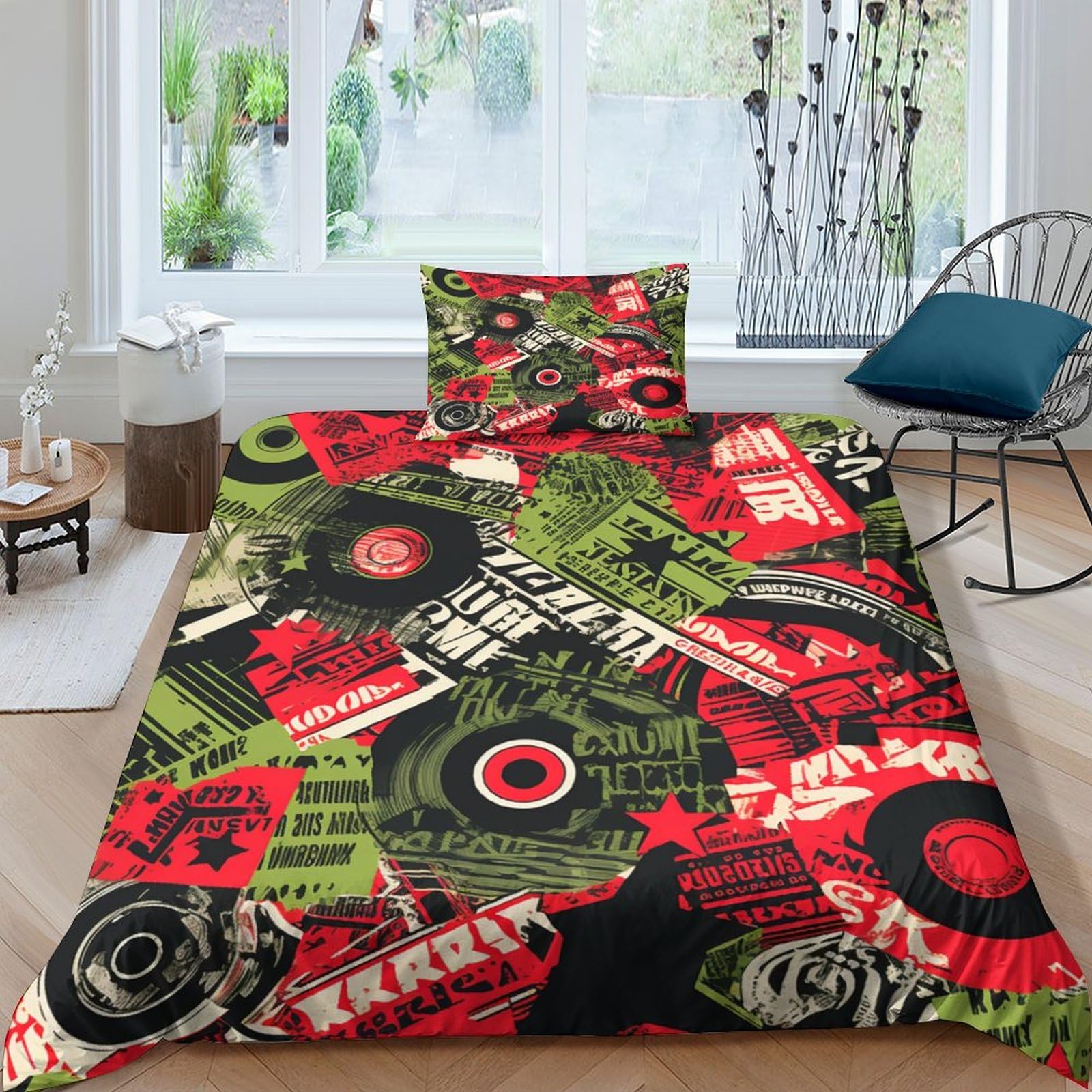 Housse de couette disques vinyles zippée pour un lit simple sans pli