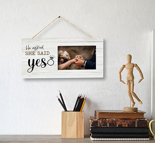 Miniatura 5 de SRADMO Marco de fotos con texto en inglés He Asked and She Said Yes, regalos románticos, marco de fotos de madera de 12 x 6 pulgadas para parejas,