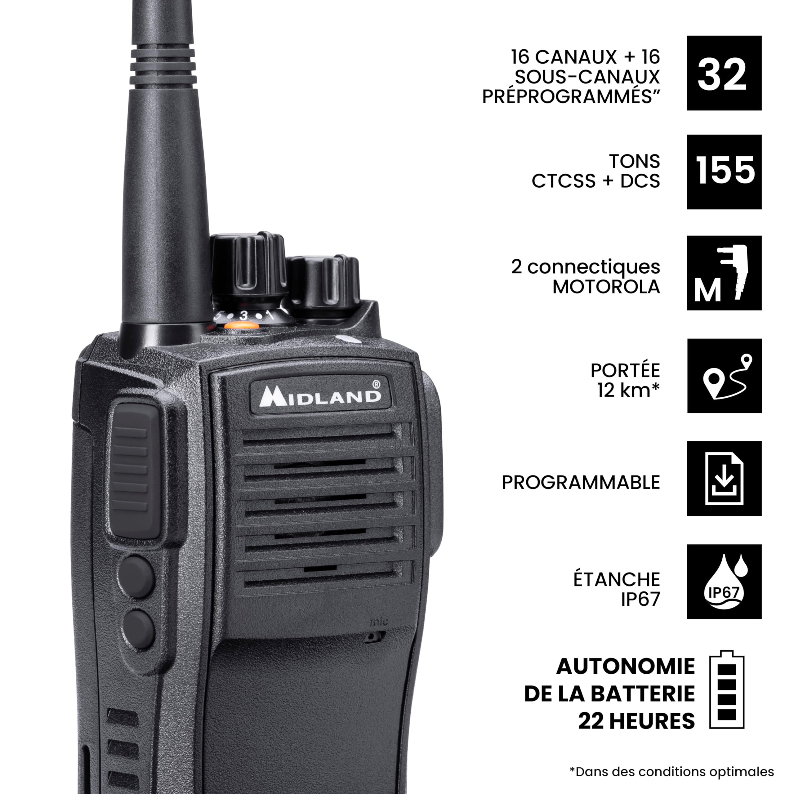 Midland G15 Pro Noise Cancelling C1127.04 - Talkie Walkie PMR 446, Fonction réduction de Bruit, IP67, 32 Canaux, Autonomie 22H, Portée Max de 12km