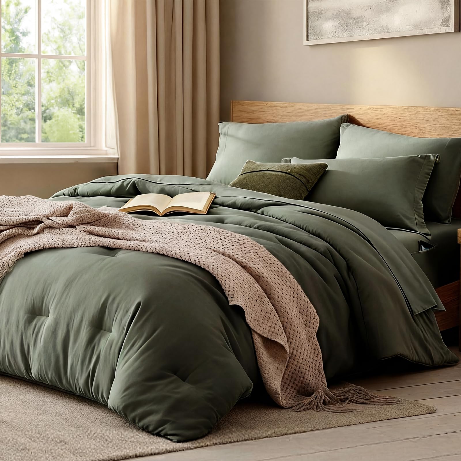 Photo 1 of WRENSONGE Oversized Queen Comforter Set - 7 Pieces Olive Green Bed in a Bag Queen with Sheets, 2 Pillow Shams, and 2 Pillowcases- Warm Bedding Sets Queen for All Season