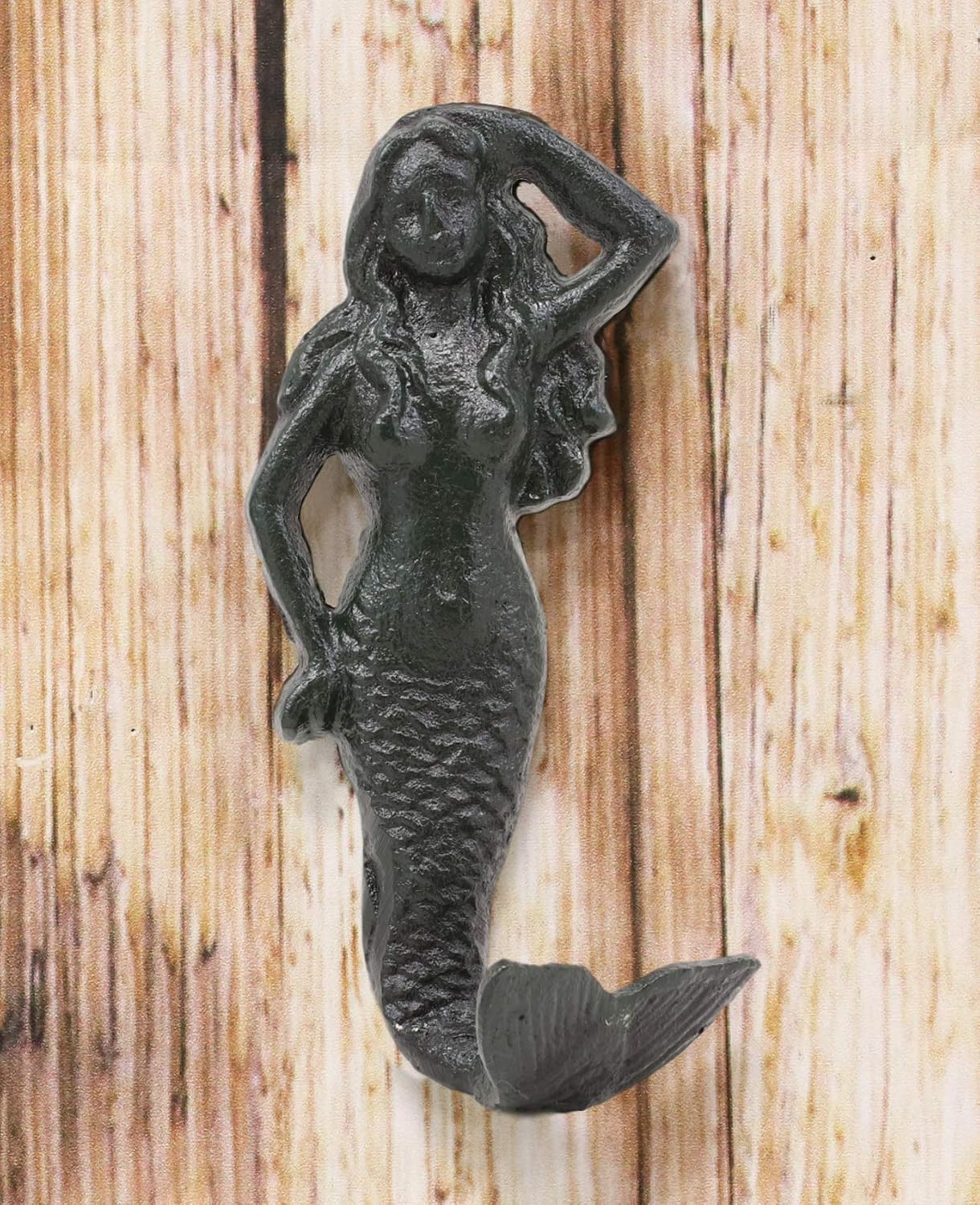 Ebros Gift 6" H Nautical Siren Mermaid Cast Iron Rustic Greenish Black Vintage Finish Wall Coat Hook Ocean Goddess Princess Coastal Beach Mermaids Decorative Accent Hooks for Keys Leashes Hats (4)