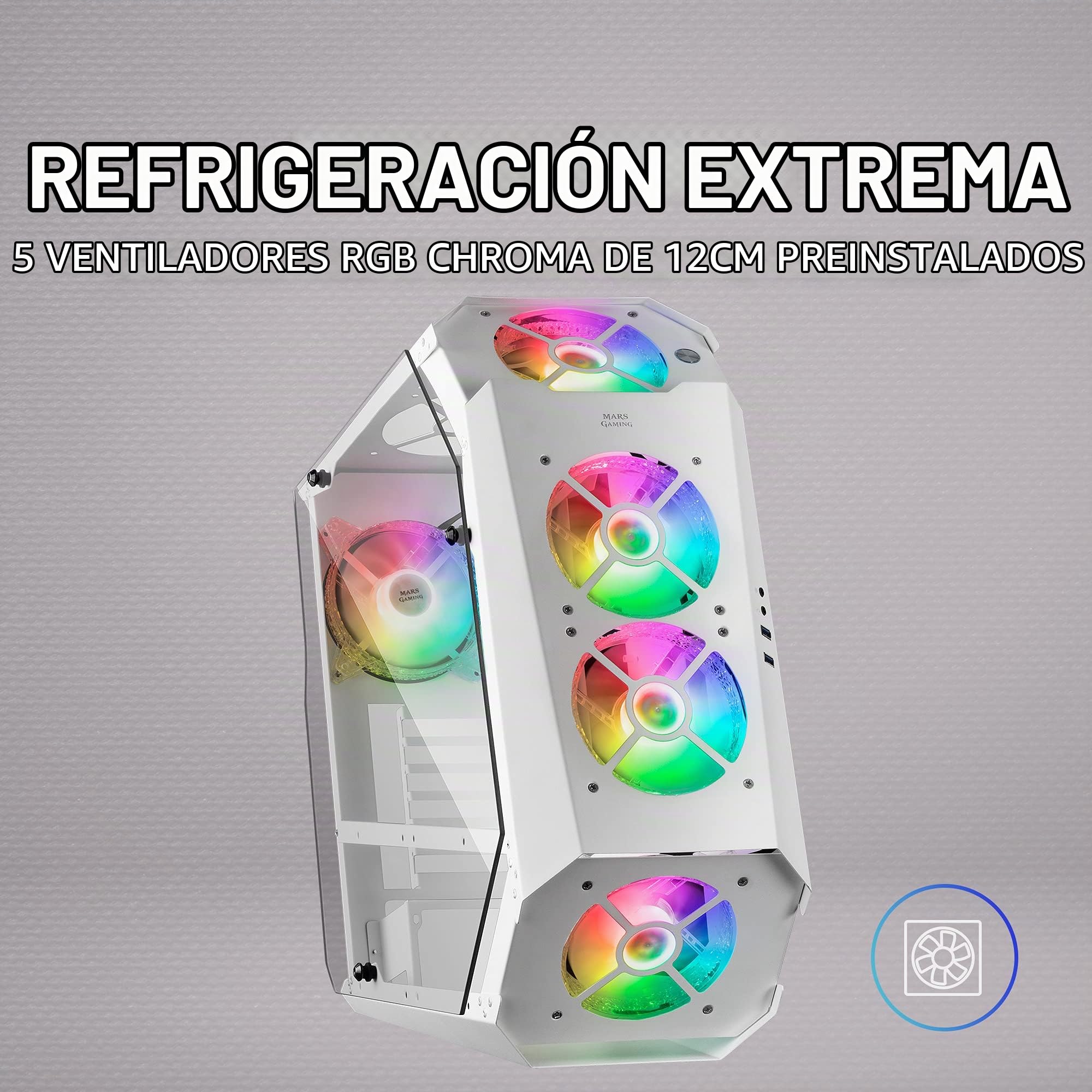 Mars Gaming MC51,Torre PC Gaming ATX, 5 Ventiladores 120mm Chroma ARGB, Controladora con Mando, Doble Cristal Templado, Refrigeración Avanzada, Blanco