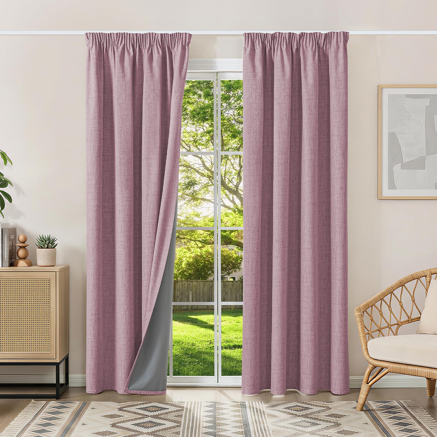 Runyéla 100% Blackout Curtains Pencil Pleat Linen Curtain for Bedroom Living Room Thermal Insulated 46 x 72 Inch Drop 2 Panels Pink