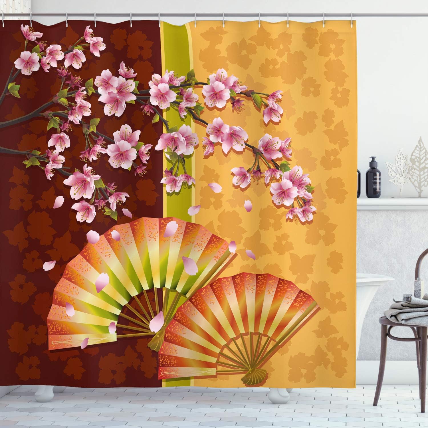 Ambesonne Floral Shower Curtain, A Composition of Burgeoning Sakura Blooms Cherry Tree Japanese Inspired by Garden Theme Artwork, Fabric Bathroom Decor Set with Hooks, 69" W x 70" L, Pink Marigold