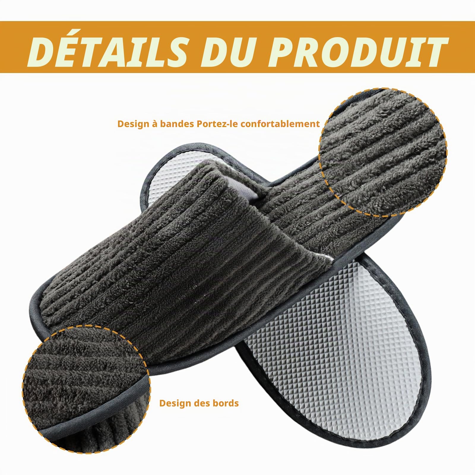 Lot de 6 paires de pantoufles d'hôtel en tissu éponge lavables, antidérapantes, polaire corail, taille universelle, 28,5 x 11 cm