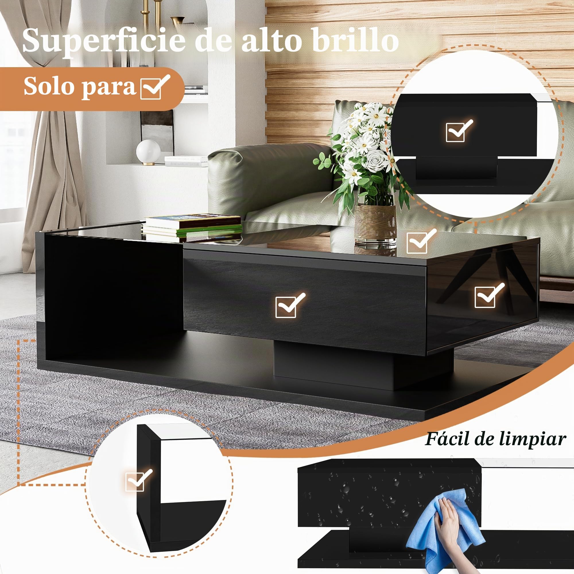 Mesa de centro con iluminación LED, 105 x 55 cm, color negro brillante, moderna mesa de salón con placa de cristal, compartimento de almacenamiento y luz LED RGB, elegante mesa auxiliar para