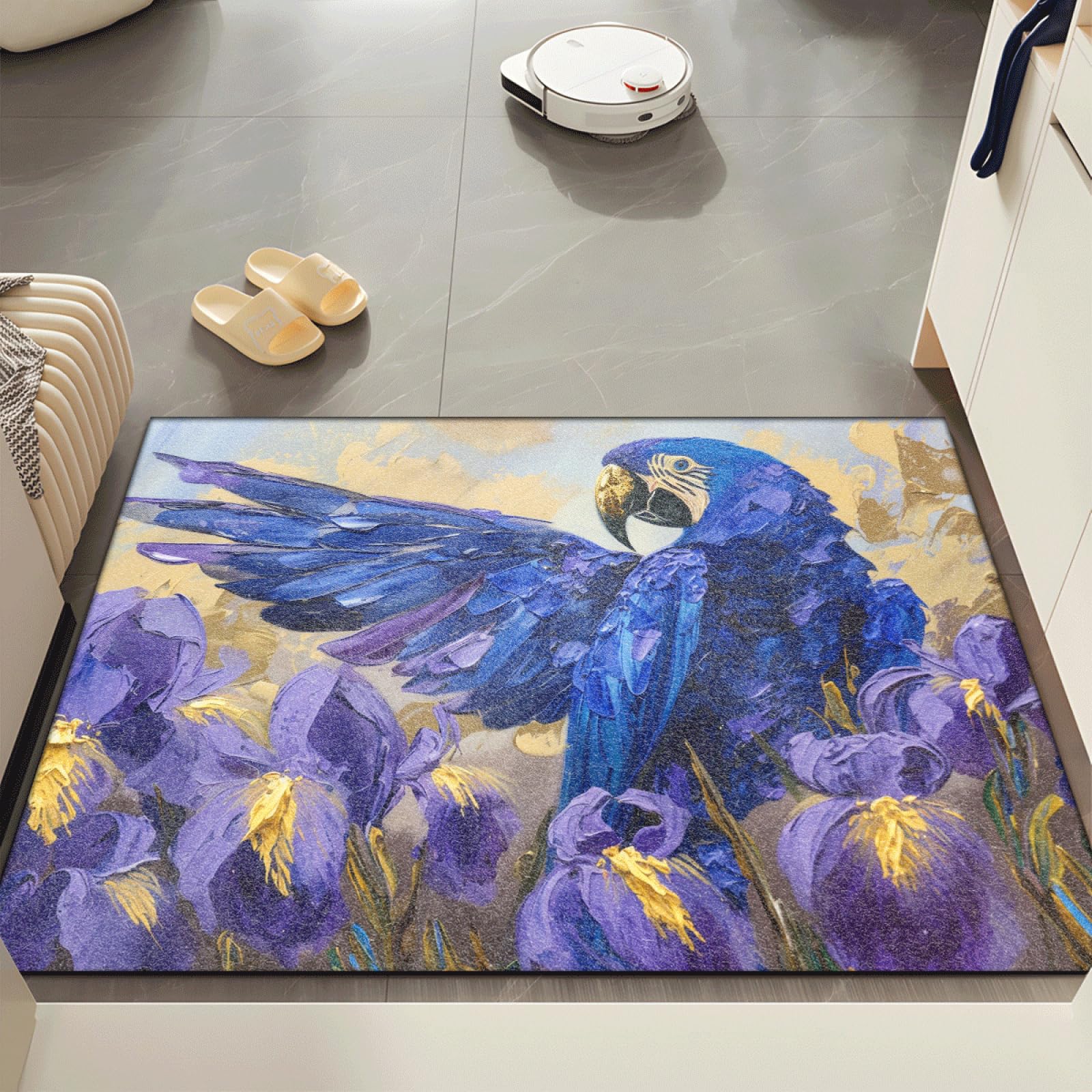 Fussmatte Innen 80x120 cm Papagei Lila Blume Fussmatte Aussen rutschfeste für Hund Eingang Badematte Waschbar Schmutzfangmatte Strapazierfähige und Langlebige Fussmatten Haustür