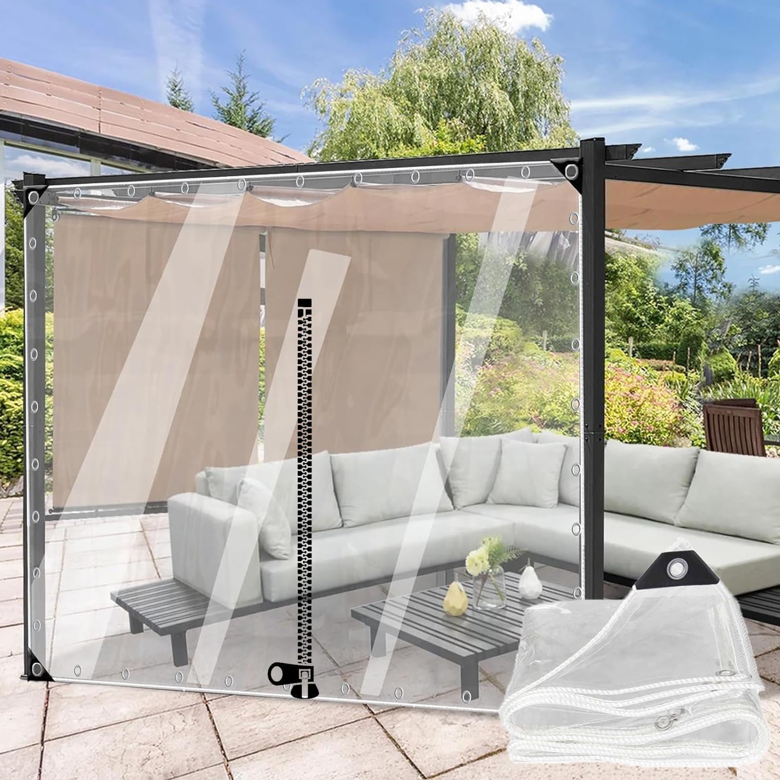 Outdoor Clear Tarp Curtains With Zip,2.2x2m 2.5x2.5m 2.8x2.2m Transparent Tarpaulin Side Panels,Waterproof Pvc Plastic Tarpaulin With Grommets,Gazebo Partition Curtains,L×H-3*1.8m(9.8*5.9ft) — image 1