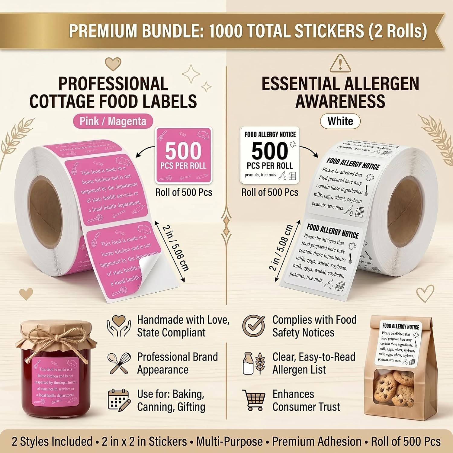 1000PCS 2 Inch Cottage Food Law Labels Stickers & Food Allergy Stickers | Ingredients Label Stickers, Inspection Statement Decals for Homemade Bakery Baked Food