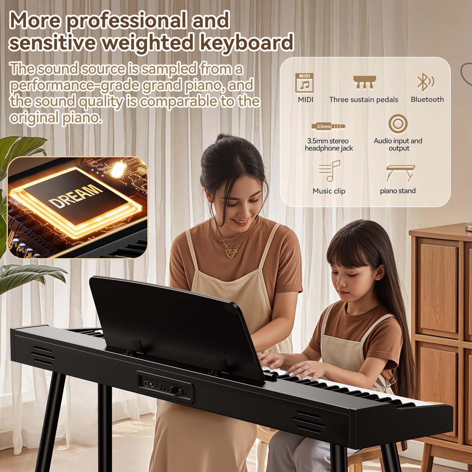TERENCE Pianoforte digitale a 88 tasti, tastiera full-size, pianoforte digitale semi-pesato, 128 suoni per principianti e professionisti, connessione MIDI, connessione cuffie e tre pedali