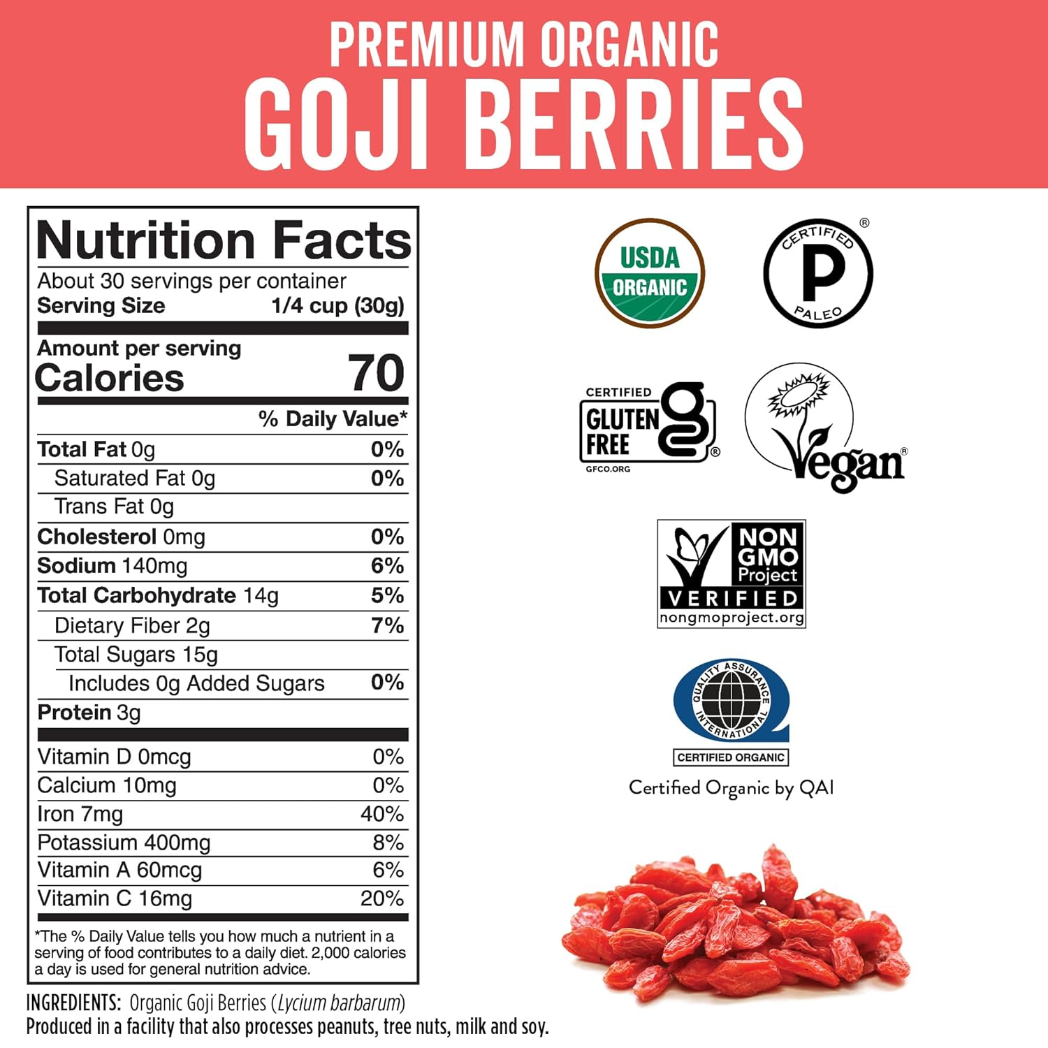 Viva Naturals Organic Dried Goji Berries, 2 lb (907 g) – Non-GMO, Vegan Wolfberries, Perfect for Goji Berry Tea, Smoothies, Baking & Snacking