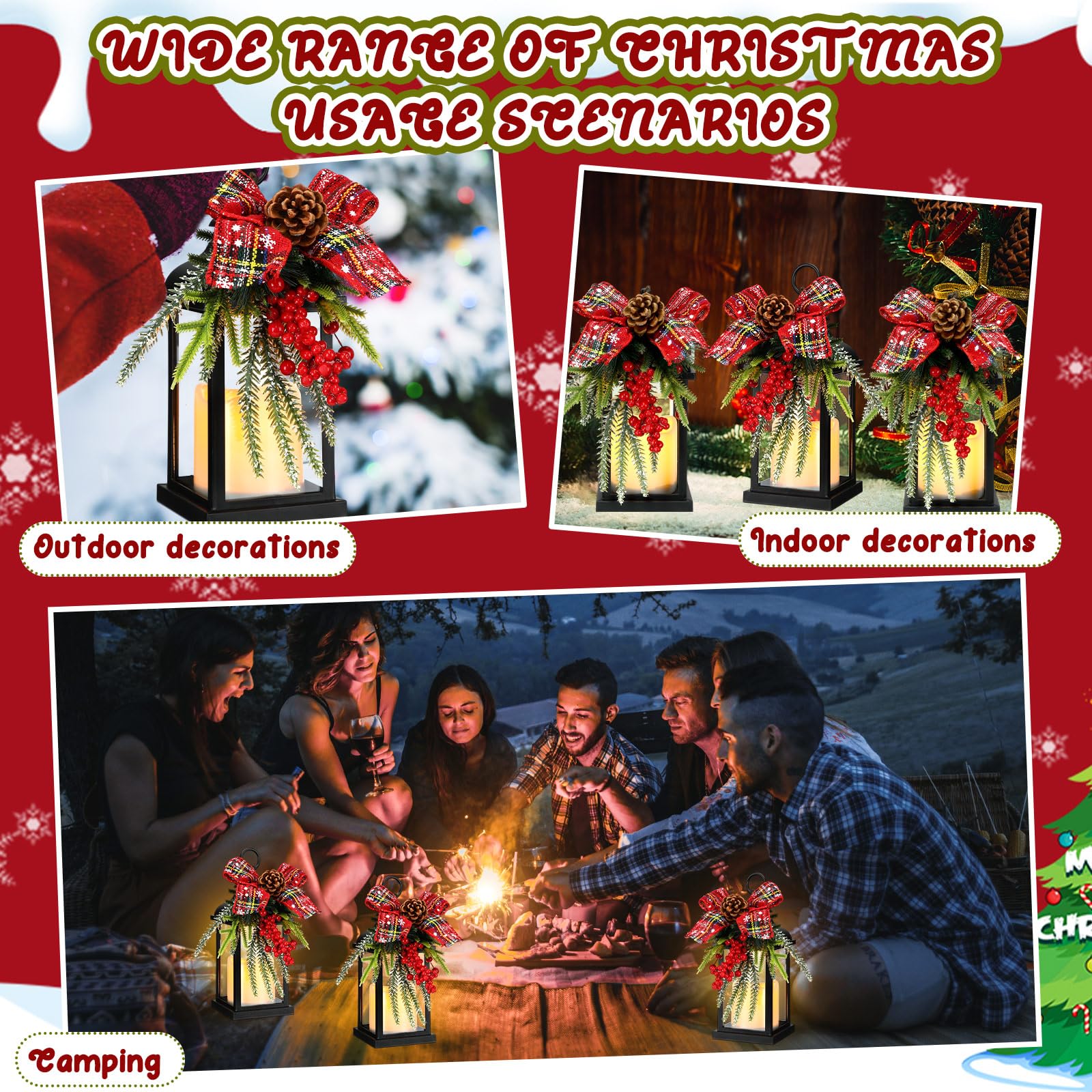 2 lanterne decorative natalizie da 25,4 cm, con LED tremolante, senza fiamma, motivo scozzese, fiocco, bacche, decorazioni da appendere per veranda, tavolo, centrotavola, decorazioni per feste