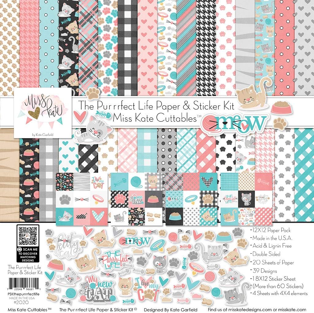 Miss Kate Cuttables Paper & Sticker Kit - The Purrrfect Life - for Cats & Kittens - 20 Double-Sided 12x12 Papers with 39 Designs & 1 8X12 Sticker Sheet - Scrapbooking Card Making Crafting