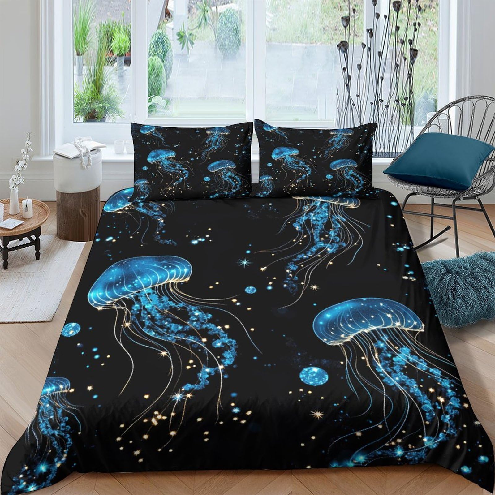 Ctjqhvkz Style-6 3D Printed Blue Jellyfish Fitted Sheet Microfiber Black Ocean Bed Cover For Bedroom Dorm Mattress Protection Decor Single（135X200cm）