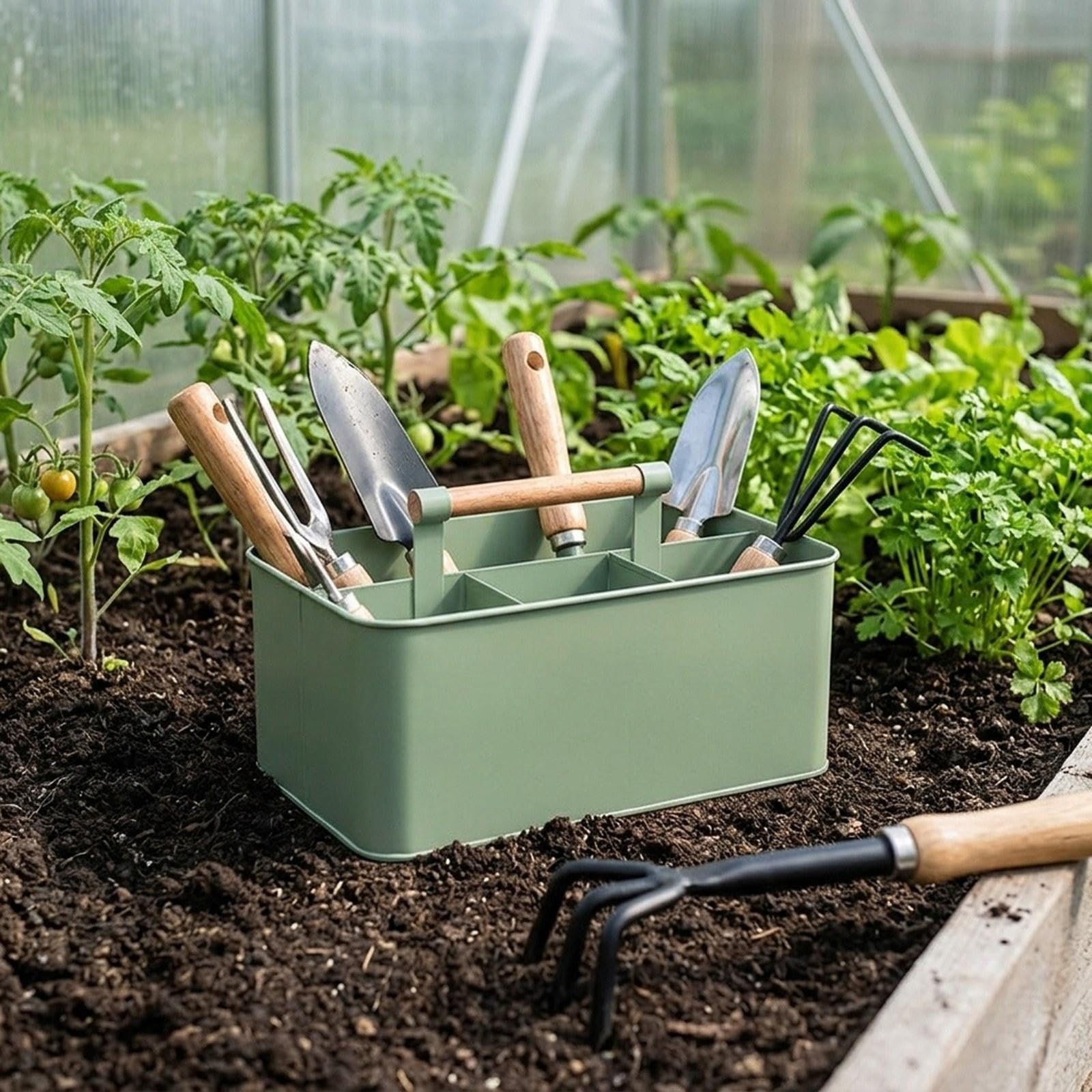 Cesto Porta Attrezzi da Giardino con Manico in Legno – Contenitore per Attrezzi da Giardinaggio – Idea Regalo per Appassionati di Giard, Verde