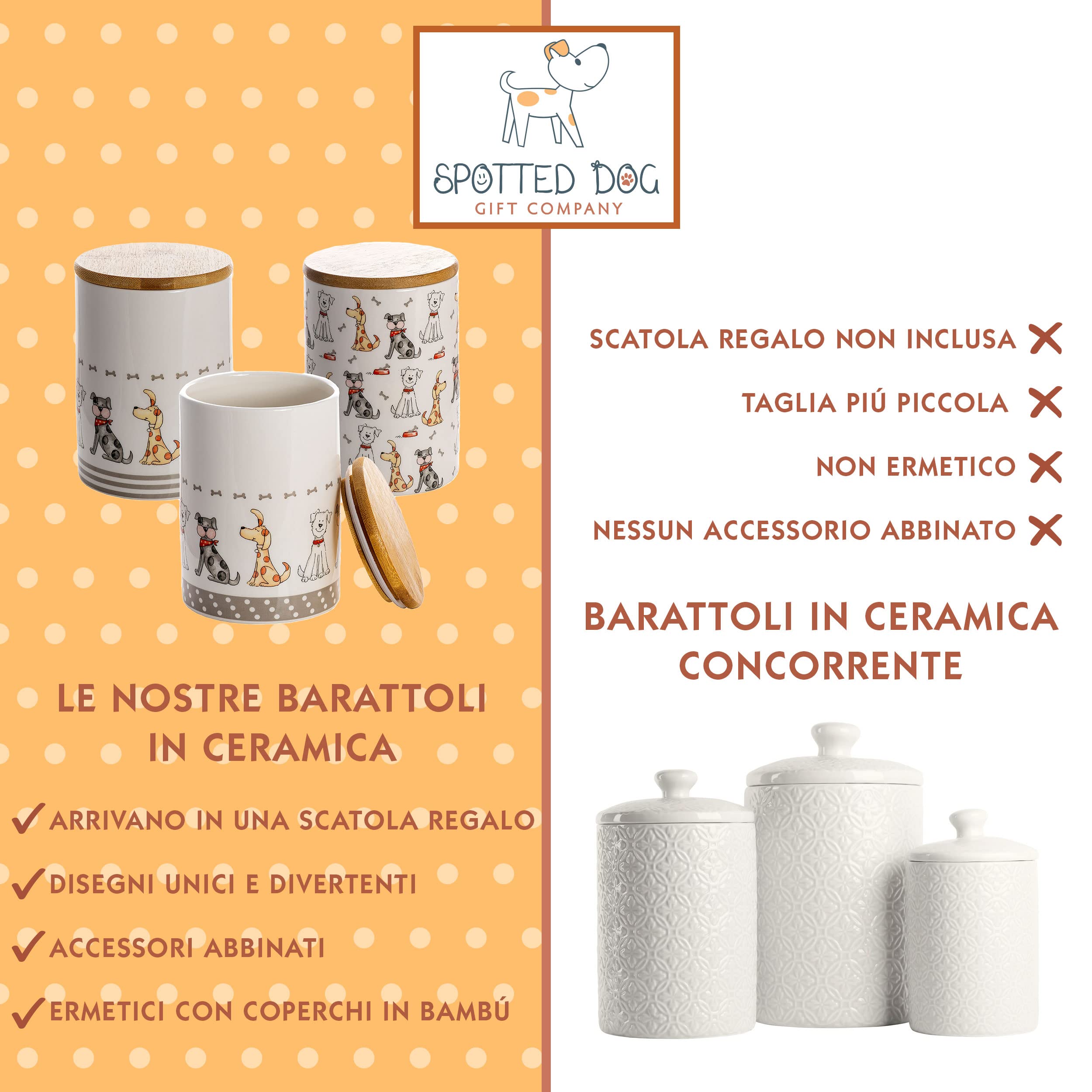 SPOTTED DOG GIFT COMPANY - set di 3 barattoli da cucina a tema cani - per sale, zucchero, caffè - idee regalo - in ceramica con coperchio in legno - bianco