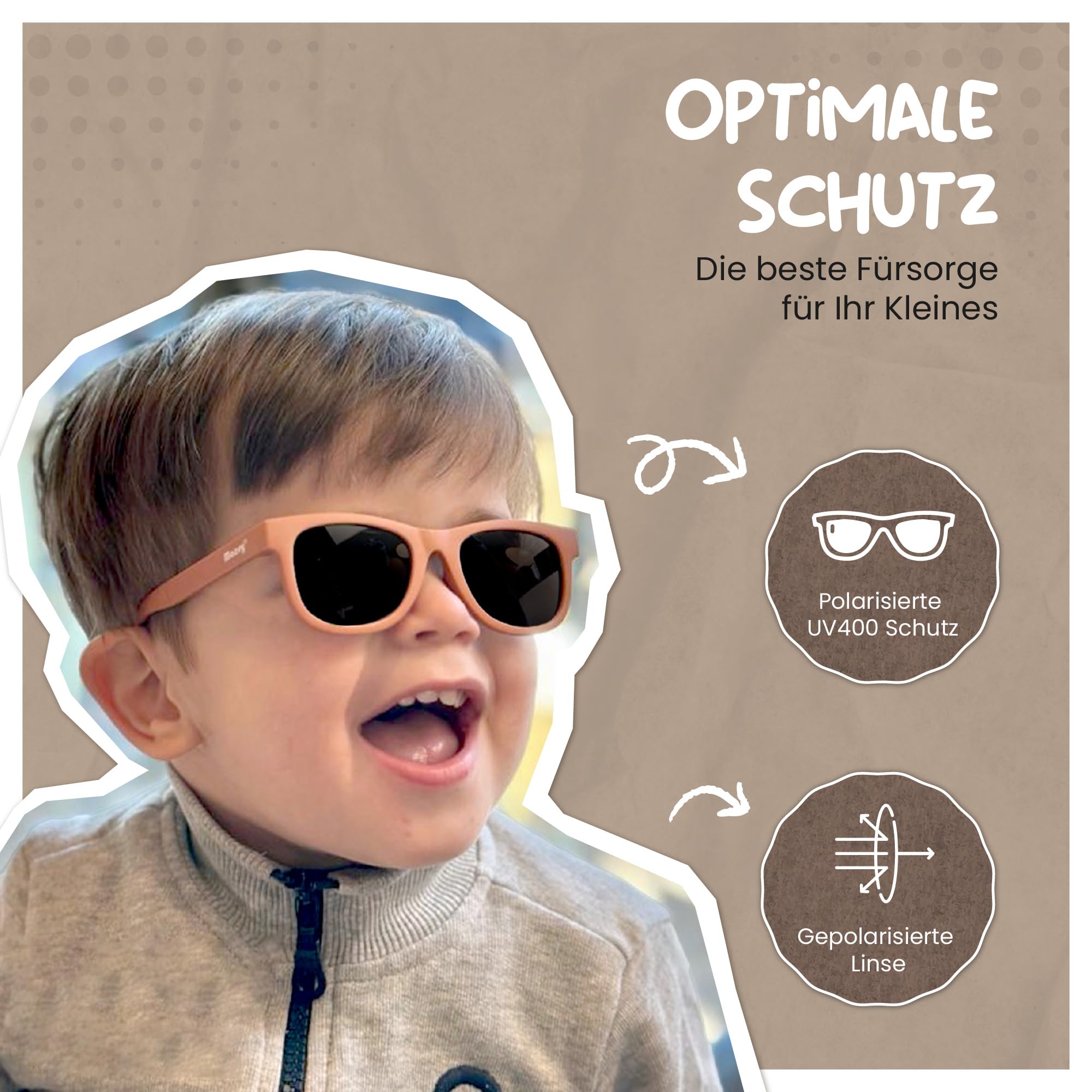 Baby Sonnenbrille für 0-2 Jahre - UV400 Polarisierter Schutz - Flexibler und Biegsamer Rahmen - Verstellbares Gummiband - Sichere und Bequeme Babysonnenbrillen - Quadratisch - Indi