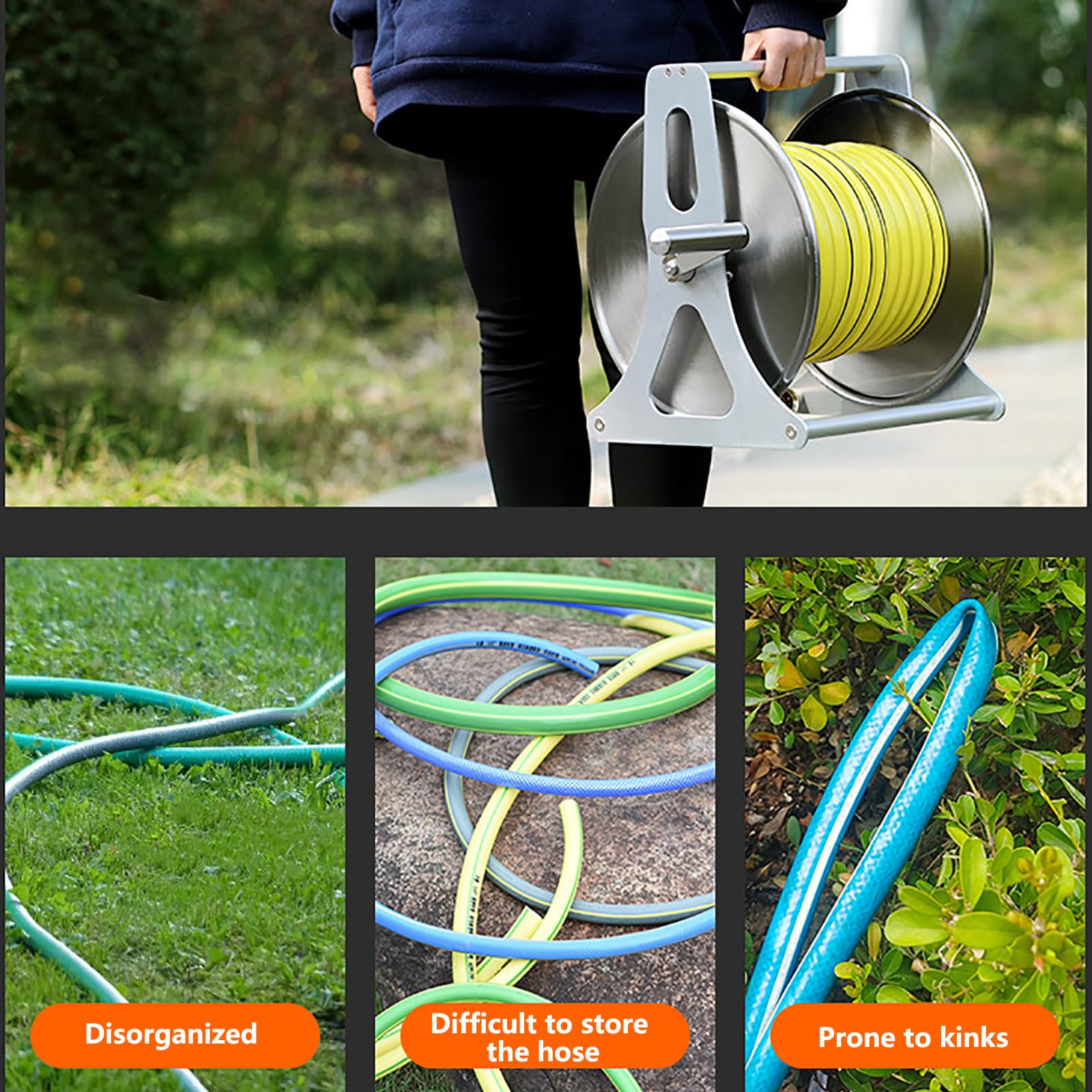 Carrete de manguera de jardín de acero inoxidable con guía de manguera integrada, estante de almacenamiento portátil de tubería de agua para lavado de coche, 131 pies de capacidad de 1/2