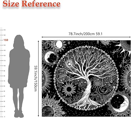 Miniatura 5 de AACKart Tapiz de árbol de la vida para dormitorio, decoración estética de habitación, tapiz blanco y negro, tapiz de sol y luna, tapiz espiritual,