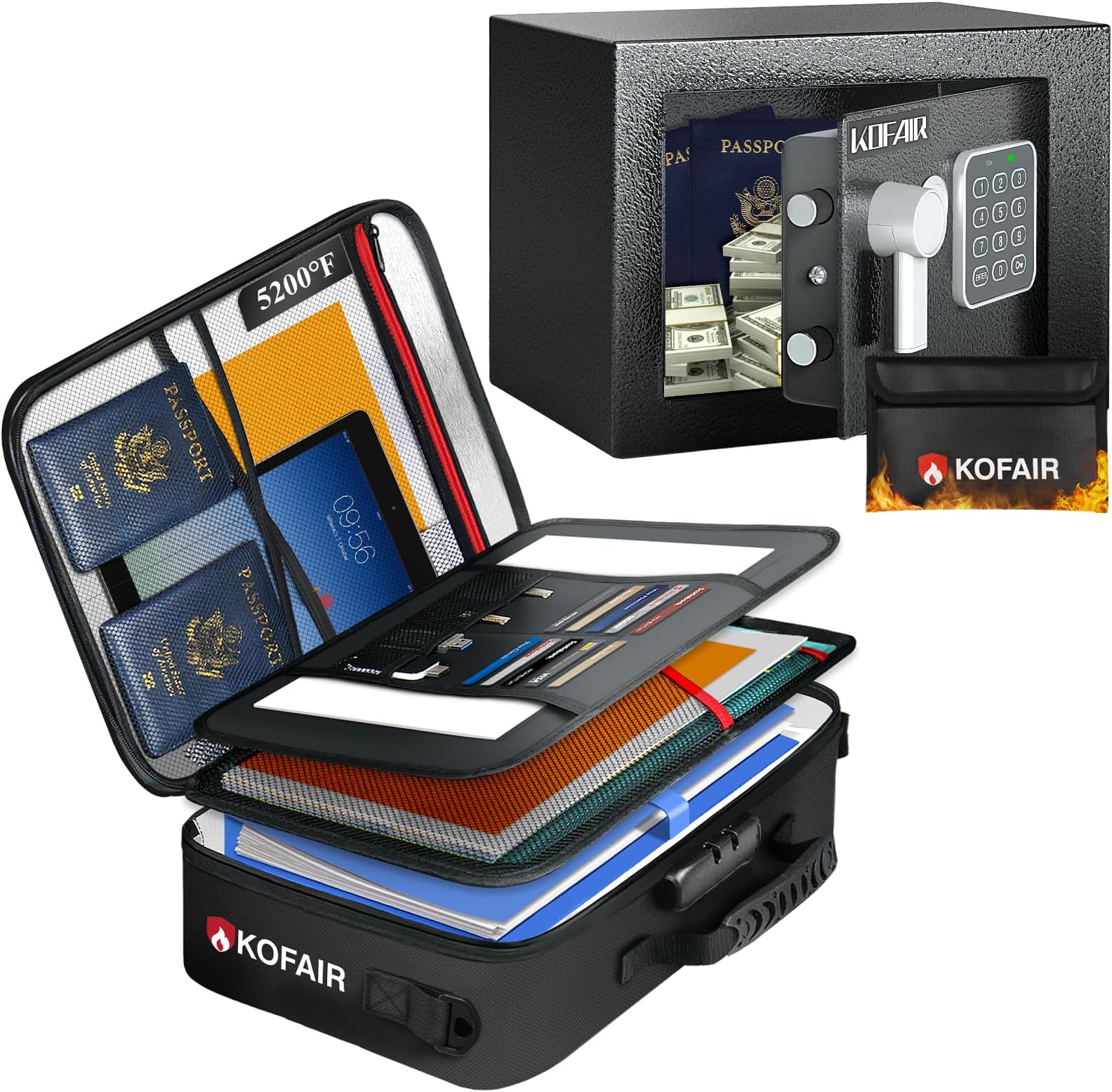 KOFAIRDocument Bag with Multi-layer Compartments and Steel Safe Box with Fireproof Money Bag