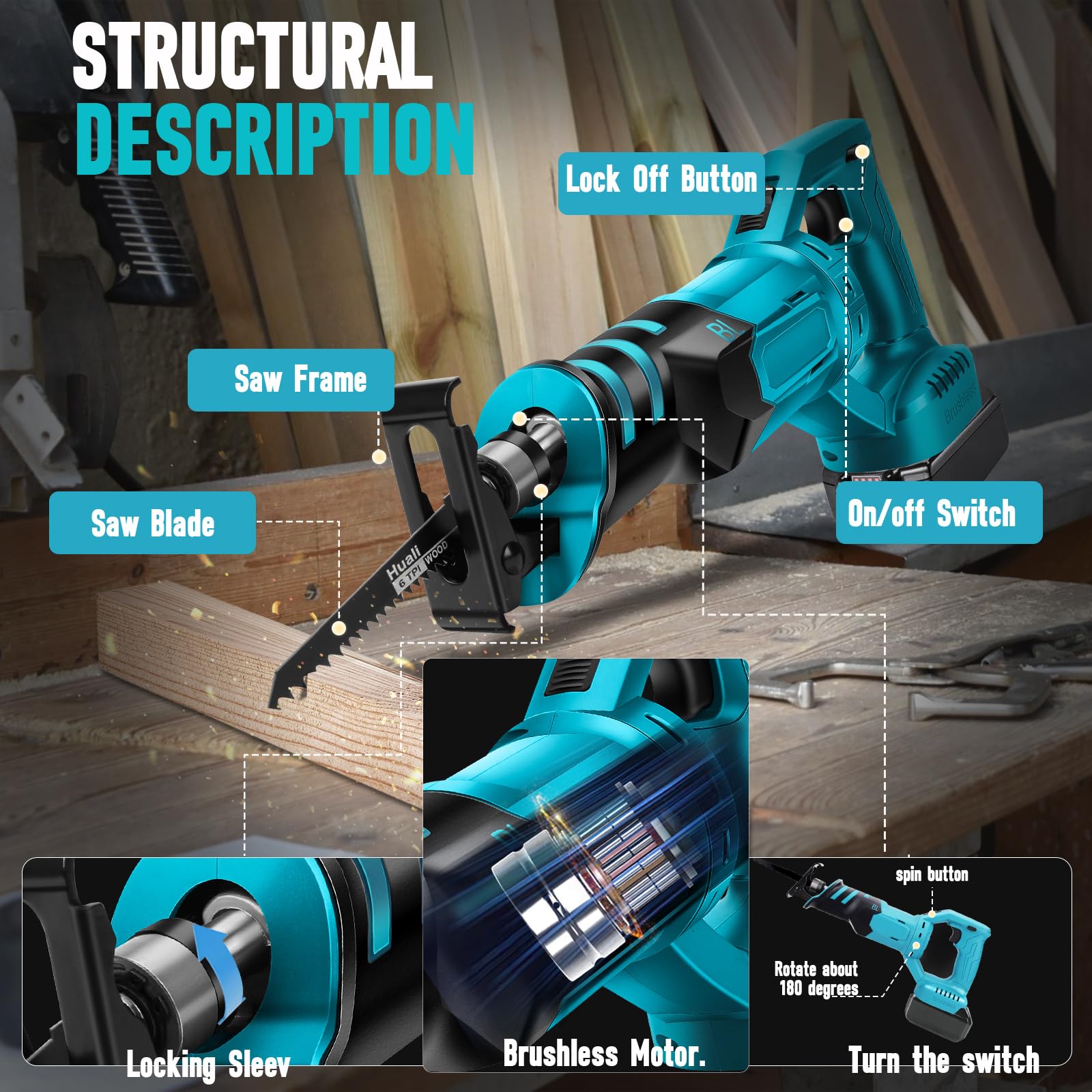 WingFly Sierra Sable Inalámbrica para Makita 18 V Batería, Sierra Alternativa Profesional con 4 Hojas de Sierra, 3000 rpm, Sierra Recíproca Eléctrica con Velocidad Variable