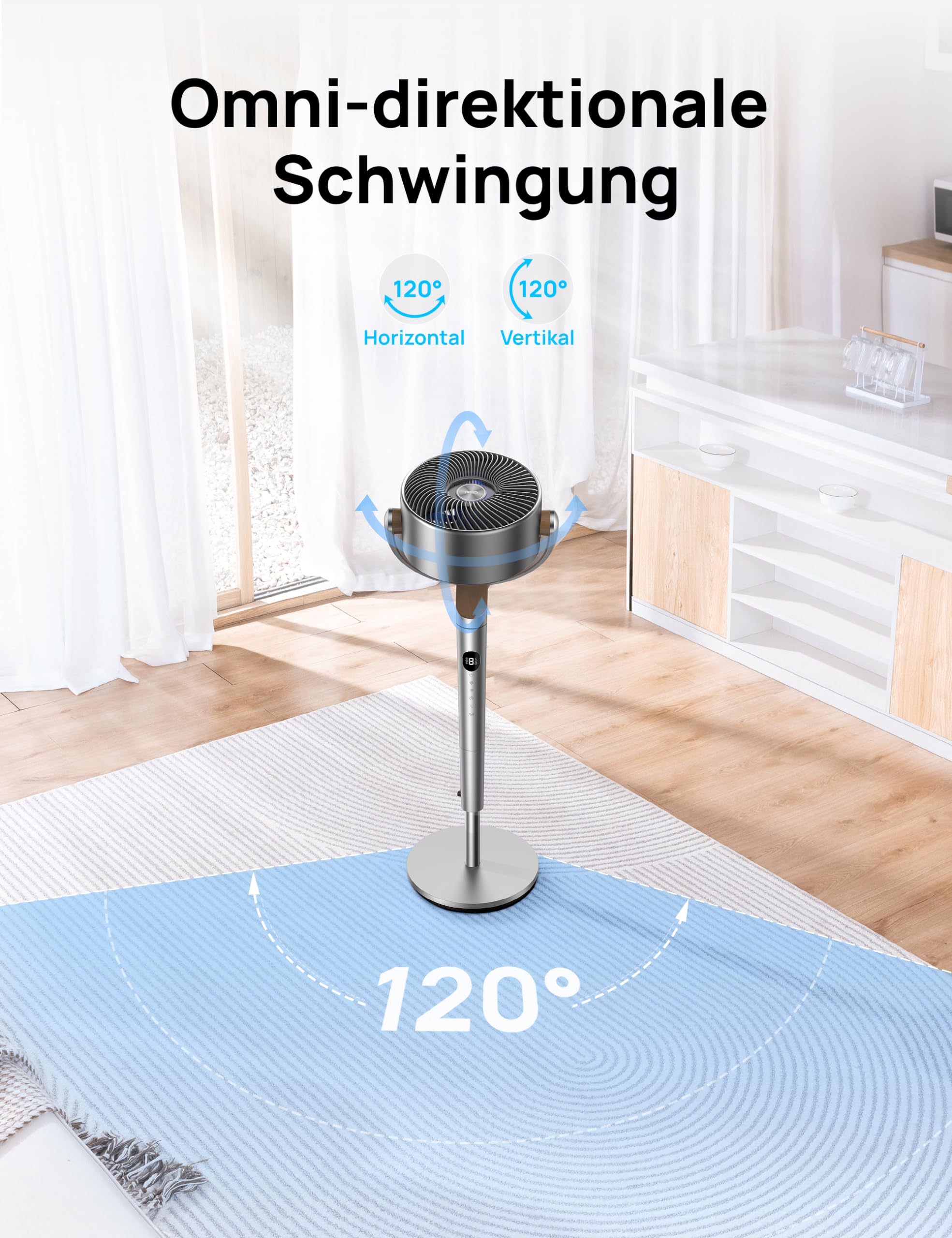 DREO 23dB leiser Standventilator, 120°+120° Omni-direktionale Oszillation, 24M Windentfernung, 1200m³/h Turbo-Luftzirkulator, 102CM Höhe, 3 Modi 8-Geschwindigkeit