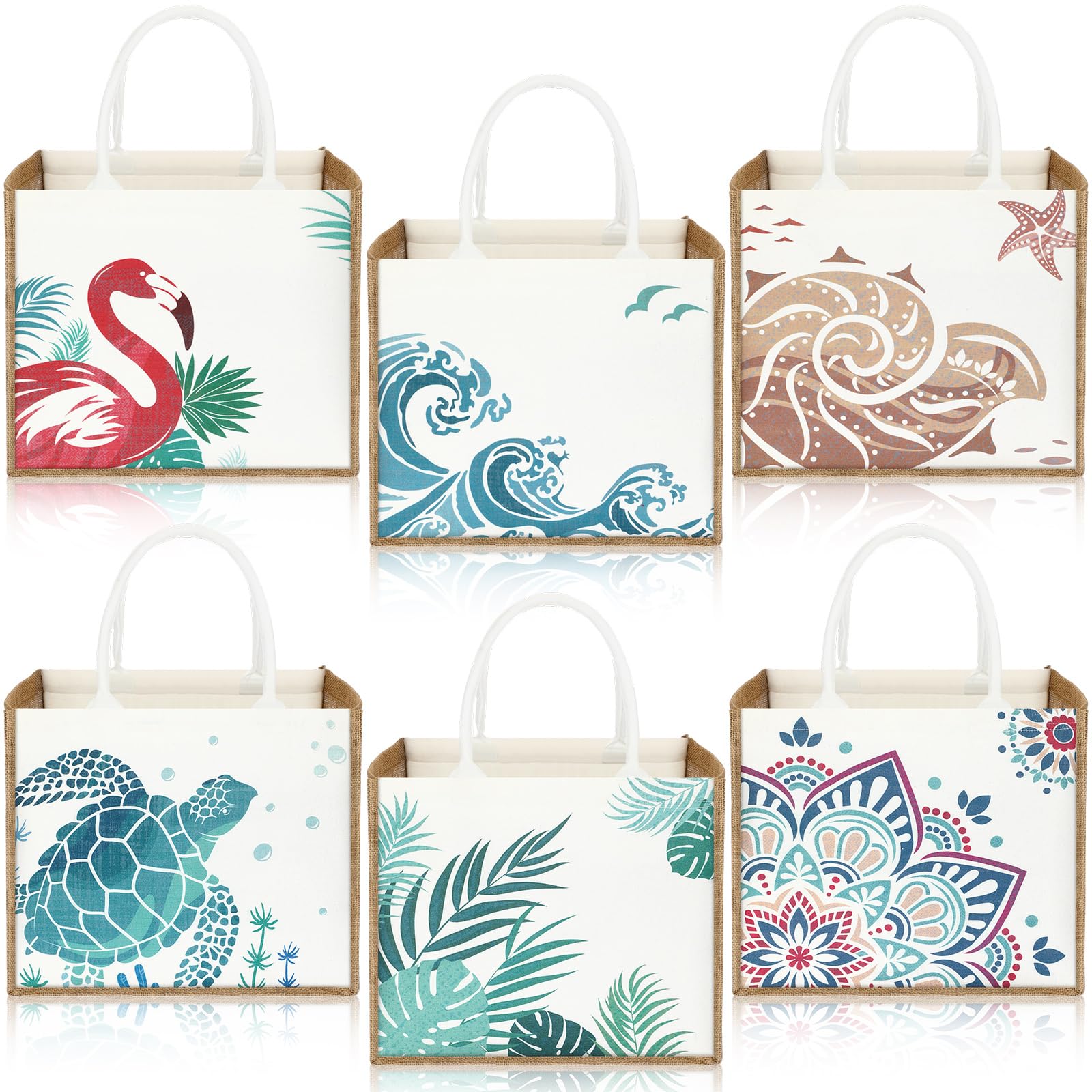 Coume Lot de 6 grands sacs fourre-tout de plage en toile de jute avec poignées améliorées 36,1 x 32 x 19,1 cm pour voyage, shopping