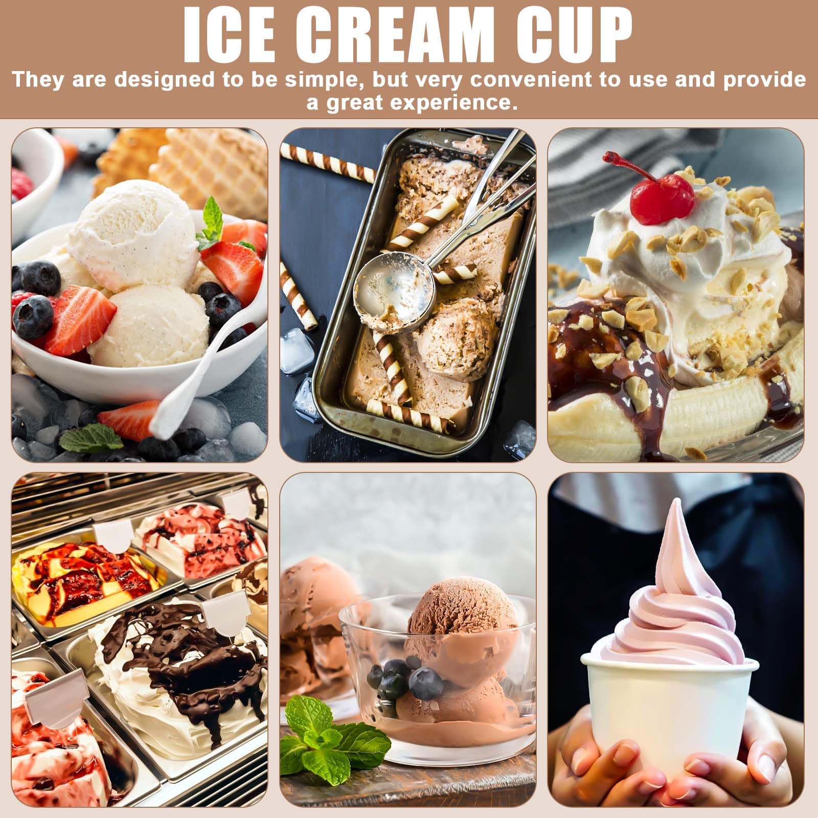 50 bicchieri da gelato universali in cartone ecologico, 240 ml, in carta, con 50 cucchiai, in cartone, compostabili, per gelato, yogurt, finger food, bianco