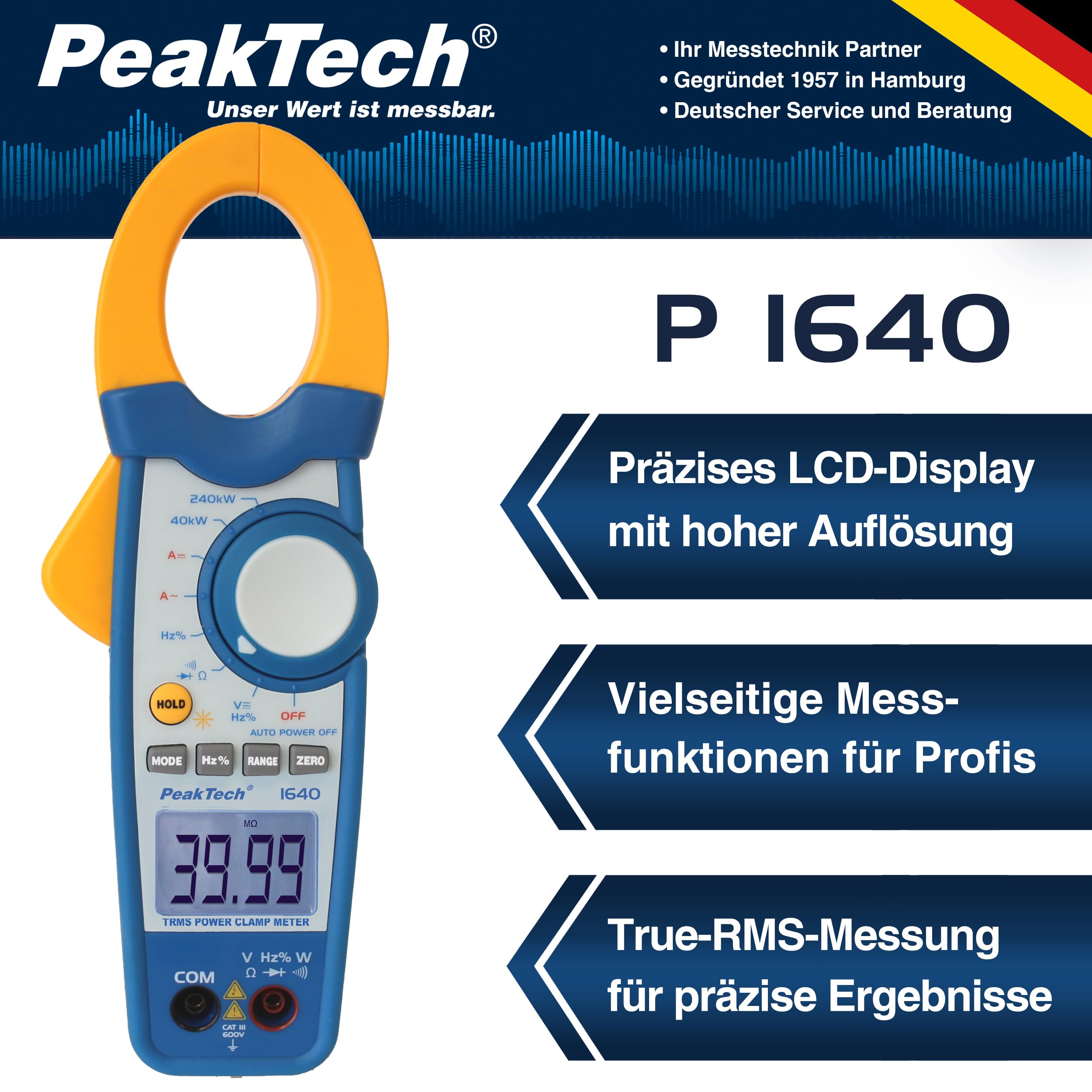 PeakTech P 1640 True RMS Stromzange 1000A AC DC und Digital Multimeter 4000 Counts mit Durchgangsprüfer - CAT III 600V, 1 Stück, Blau, Gelb, Weiß