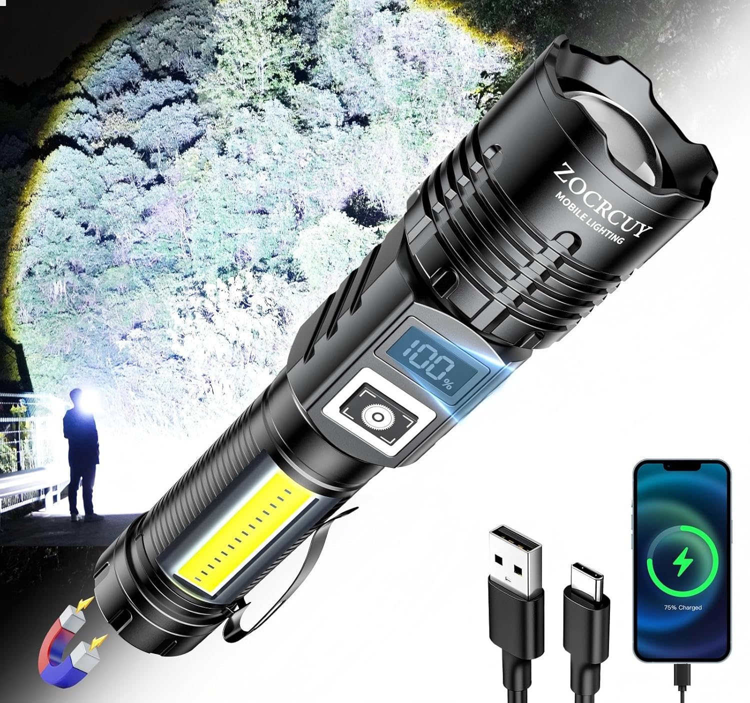 Rechargeable Flashlight High Lumens Small led Flashlight 5 Modes LCD Digital Display Extendable Magnetic Base Zoomable Flash Light for Tactical Camping Emergency EDC