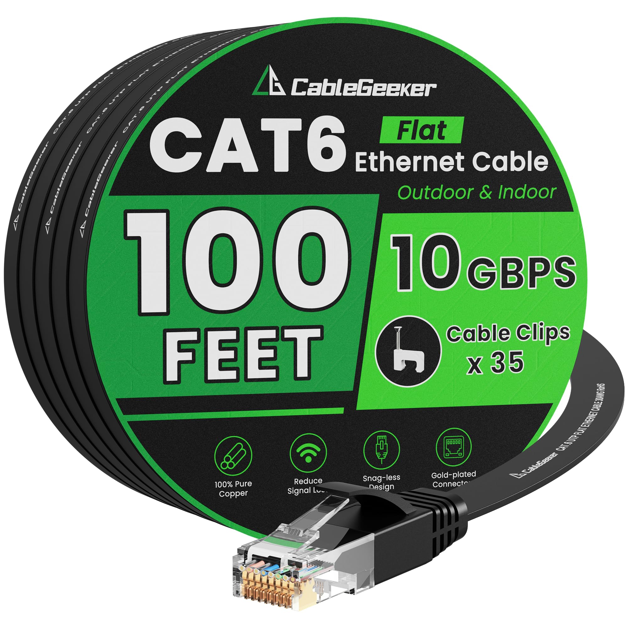 CableGeeker Cabo Ethernet plano Cat 6 10 pés, 10 Gbps, preto | OFC 30AWG, 550MHz, RJ45