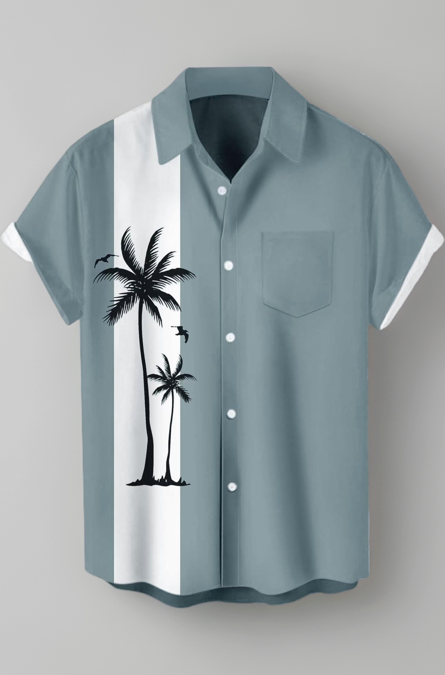 Men's Short Sleeve Button Down Bowling Shirts Hawaiian Casual Printed Beach Shirt Summer Regular Fit Top, Hawaiian-sage, Large