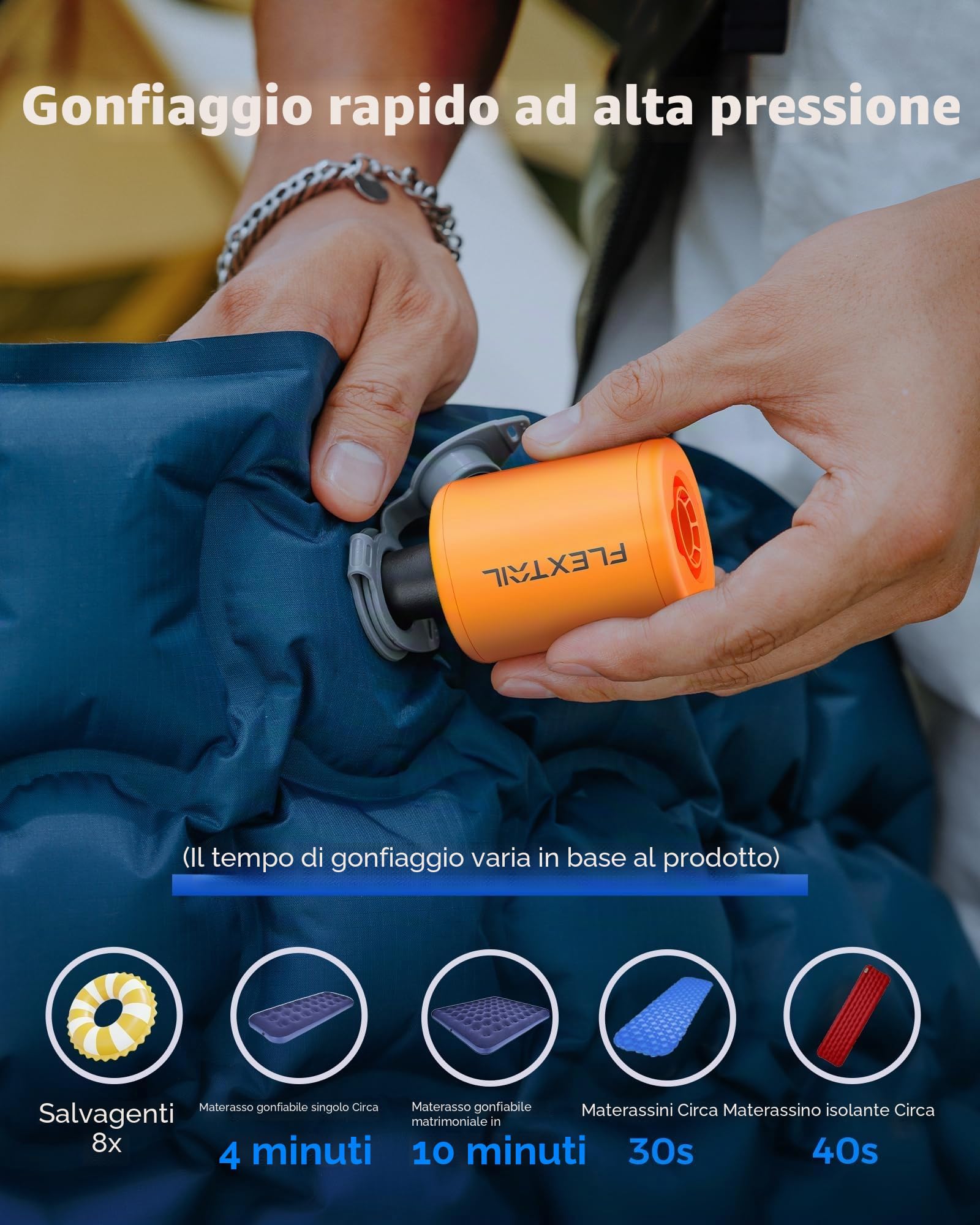 FLEXTAILGEAR TINY PUMP 2, Pompa Elettrica Portatile da Campeggio, Pompa Sottovuoto, 4 kPa(180 L/min) Pressione e Portata Elevate, 5 Ugelli Multifunzione per Letto ad Aria, Sacchetto Sottovuoto