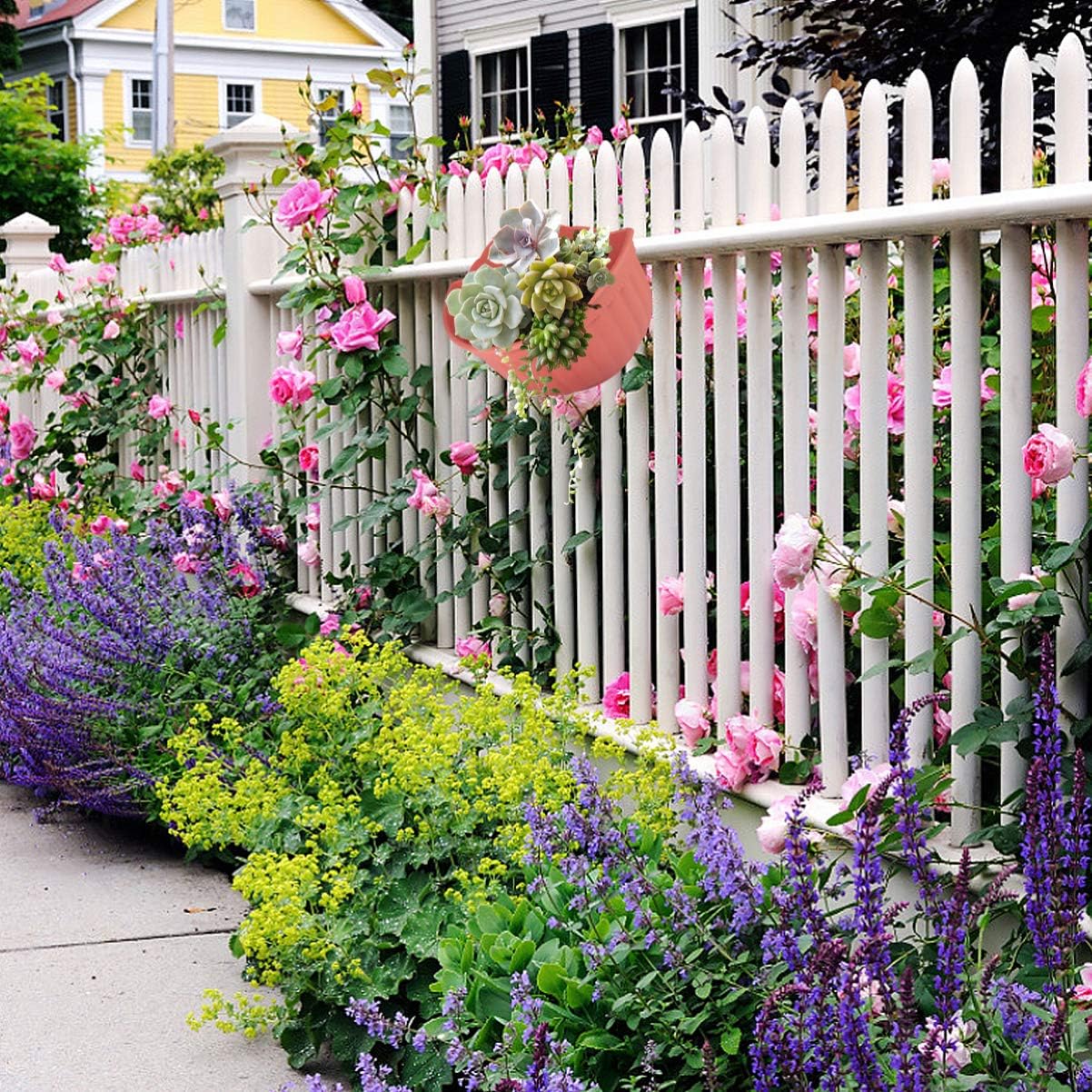 Happyyami Semi-Circle Hanging Planter Wall Mounted Imitation Leather Pattern Plastic Flower Pot with Bottom Tray 10.6 Inch Space Saving Indoor Outdoor Garden Decor