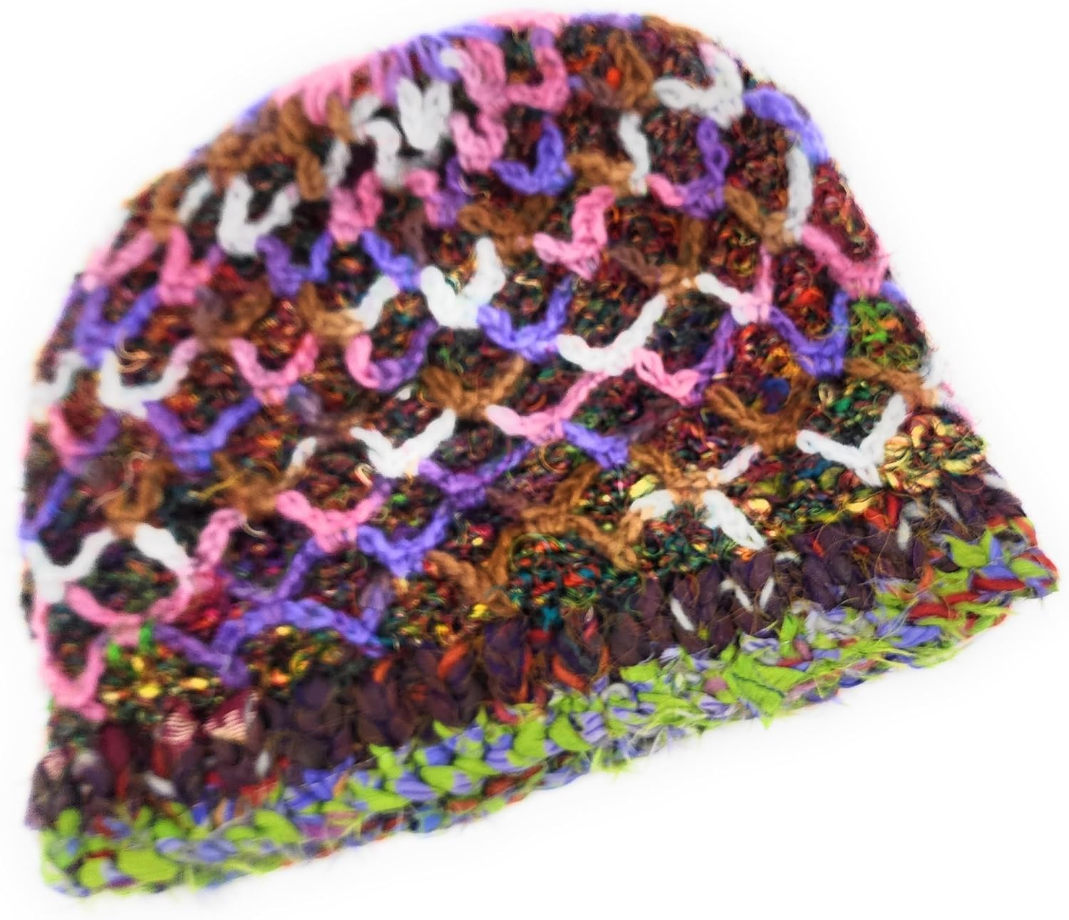 Hand Knit Wool & Recycled Silk Warm Beanie Diamond Chain Detail Fleece Lined Made in Nepal