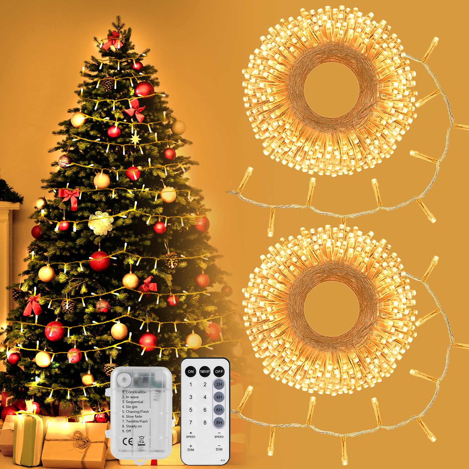 StarryEver LED Cluster Lichterkette Außen mit Fernbedienung, Cluster Lichterkette Warmweiß, 5M 100 LED Weihnachtsbeleuchtung Außen, Lichterketten Batteriebetrieben für Zimmer Balkon Garten 2er Pack