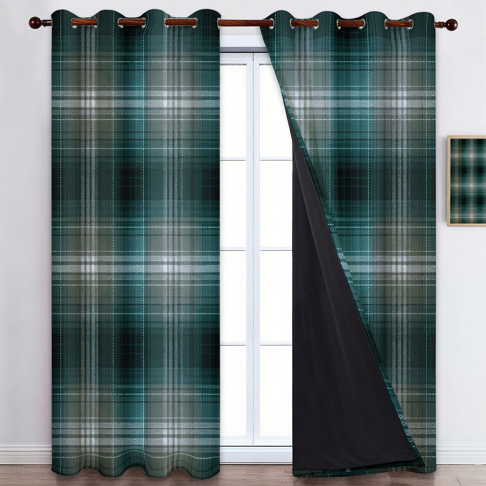 Vorhänge Blickdicht Verdunklungsvorhänge Thermovorhang 2er Set 160 x 70 cm, Strukturiertes Gittermuster ichtundurchlässige Vorhang mit Ösen für Schlafzimmer Geräuschreduzierung, Grün