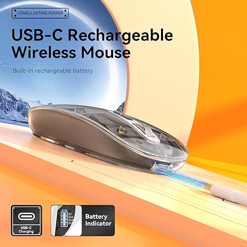 Miniatura 3 de Uiosmuph Ratón inalámbrico, Bluetooth y USB 2.4GHz, recargable, diseño ergonómico, ambidiestro, DPI ajustable, transparente, sin sonido, gris