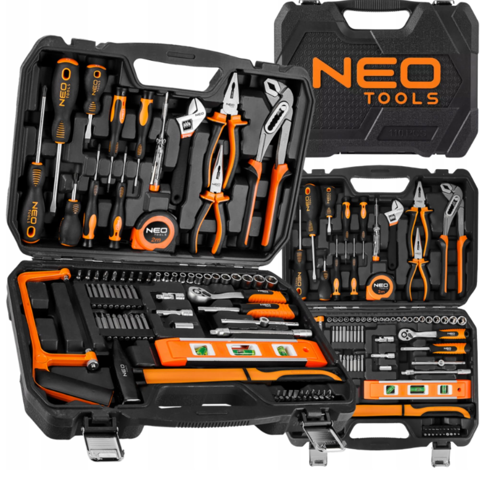 NEO TOOLS Kit d'outils de bricolage, 80 de pièces dans une mallette robuste | Clé à molette, clé Allen, poignée | Kit d'outils complet pour l'atelier et le garage
