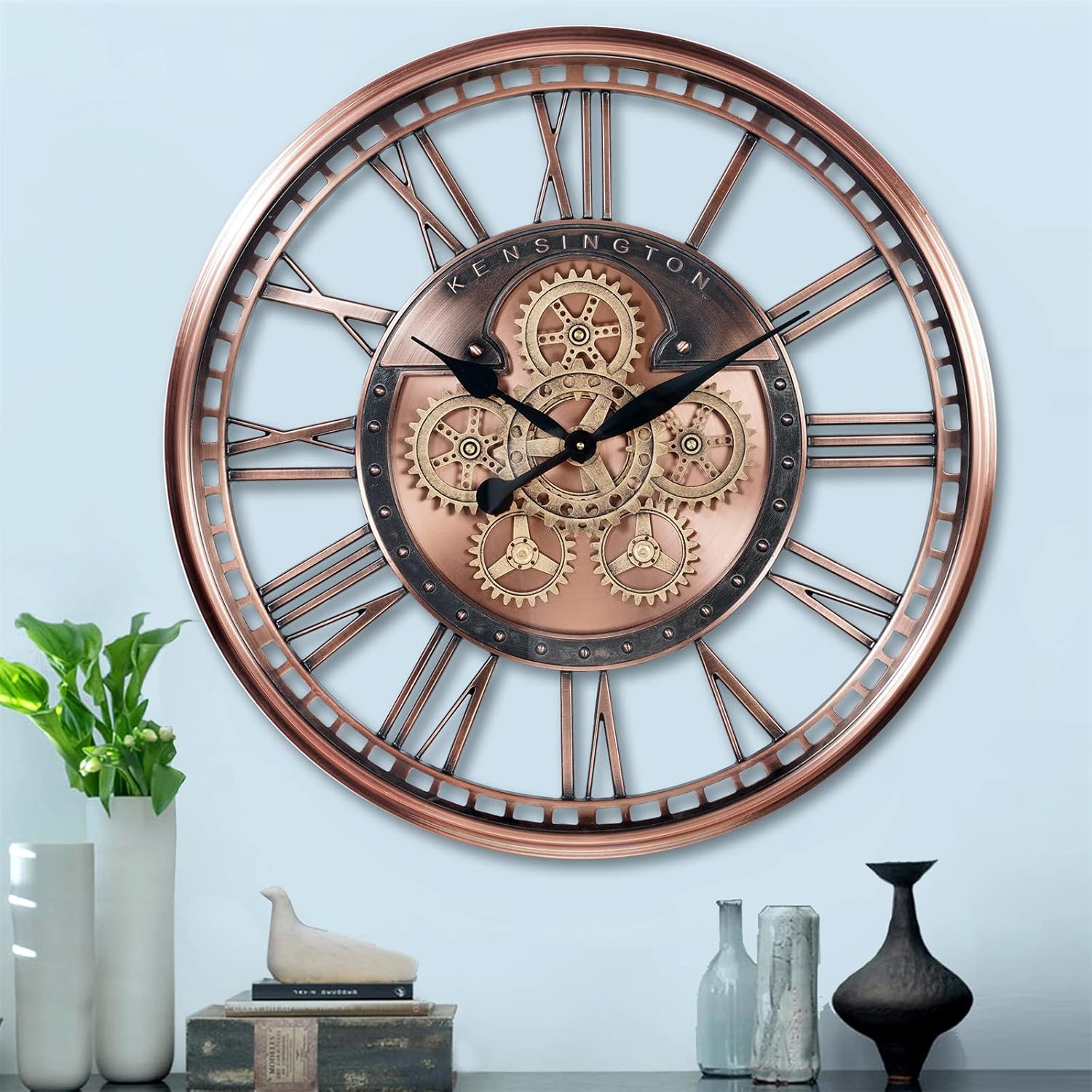 CLXEAST Oversized Large Moving Gears Wall Clock,Industrial Vintage Rose