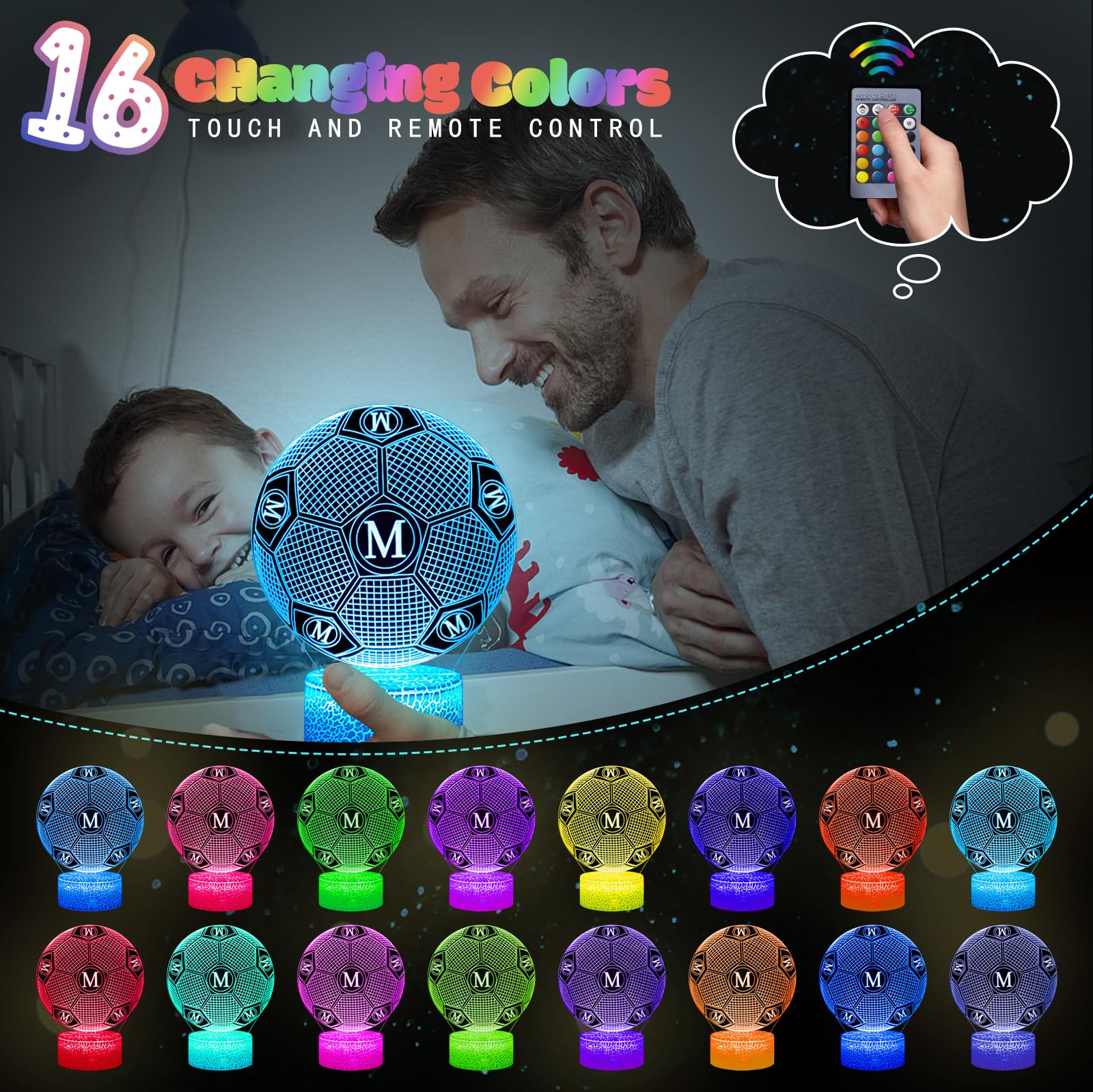 2 Pezzi Milano Calcio Luce Notturna Bambini, Regalo de Calcio per Bambini 2 3 4 5 6 -12 anni, Calcio Lampade 3D Illusione Lamp con 16 Cambi di Colore, Regali di Natale Compleanno per Ragazza, Ragazzo