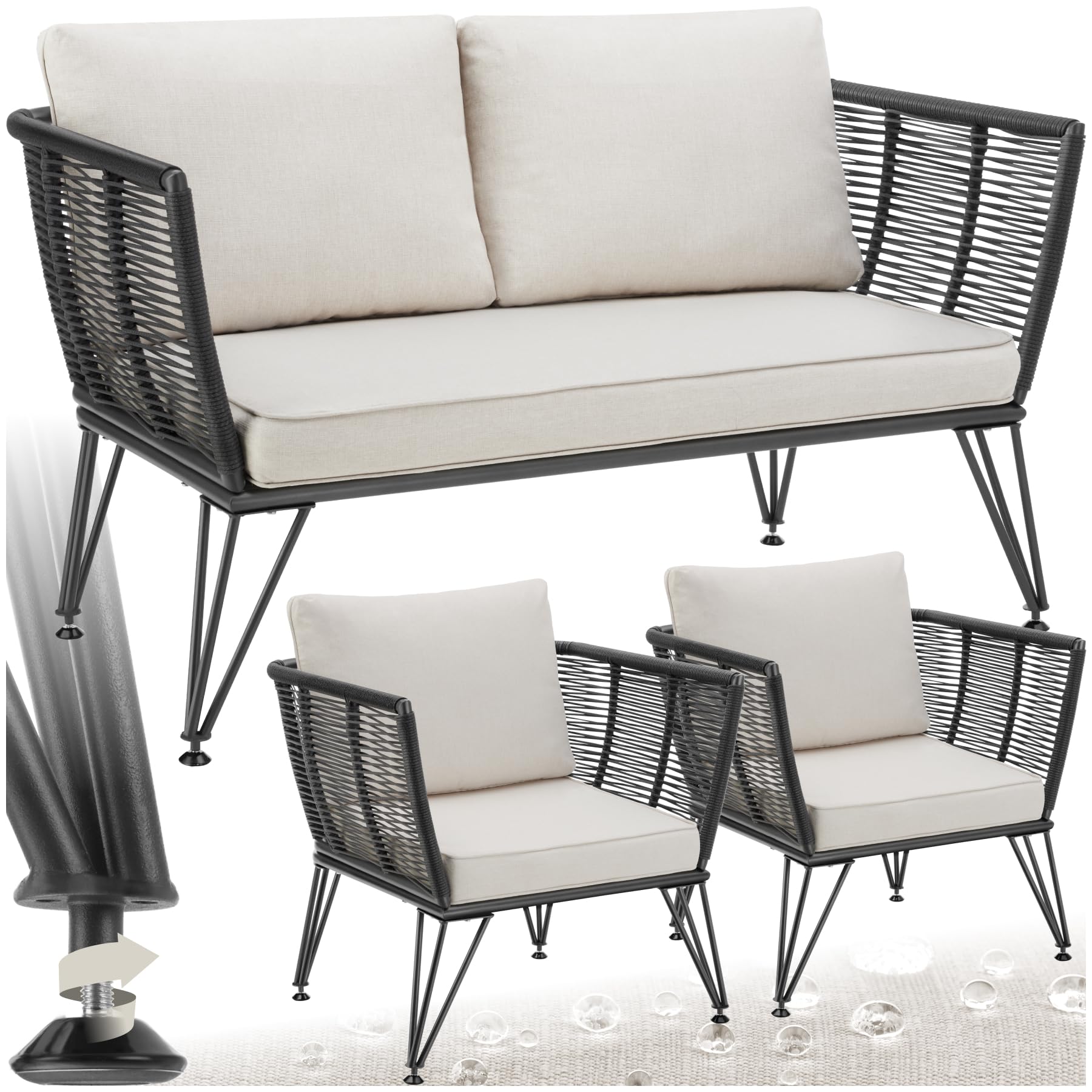 tectake® Set Lounge da Giardino, Polyrattan Resistente, Divano da Giardino e 2 Poltrone Design Elegante, Cuscini Extra Spessi, Ideale per Salotto da Esterno, Arredo Giardino Moderno - Antracite
