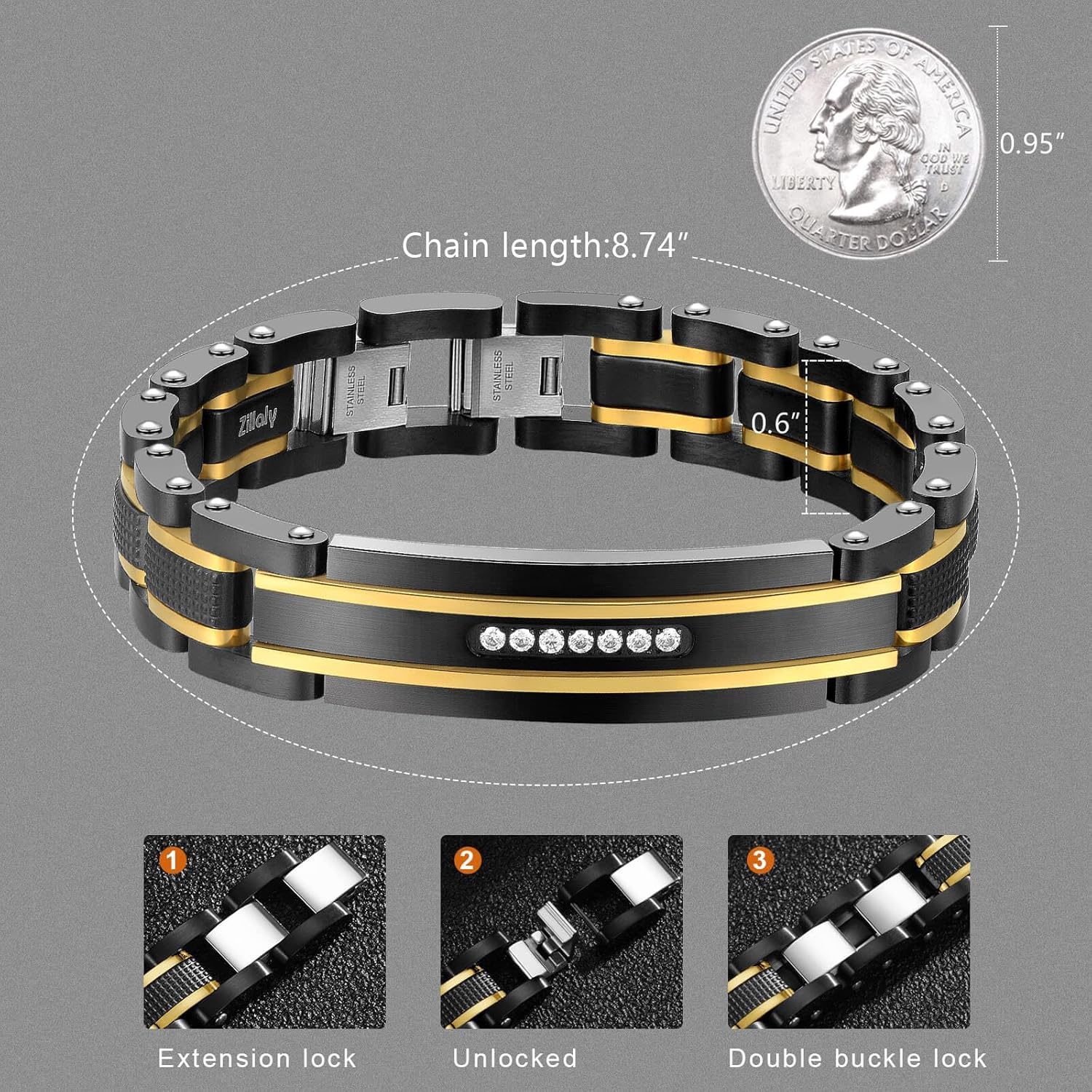 Holizaly Men's Bracelet Men's Stainless Steel Bracelet, Link Bracelet Gold Black and Blue Ion Plated Black with Box - Image 4