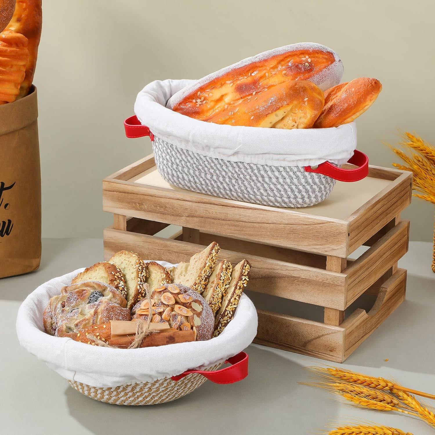 Bread Proofing Basket Set 2pcs Oval round Sourdough Bread Rising Basket with Linen Liners and Covers for Home Baking and Artisan Pastry Making