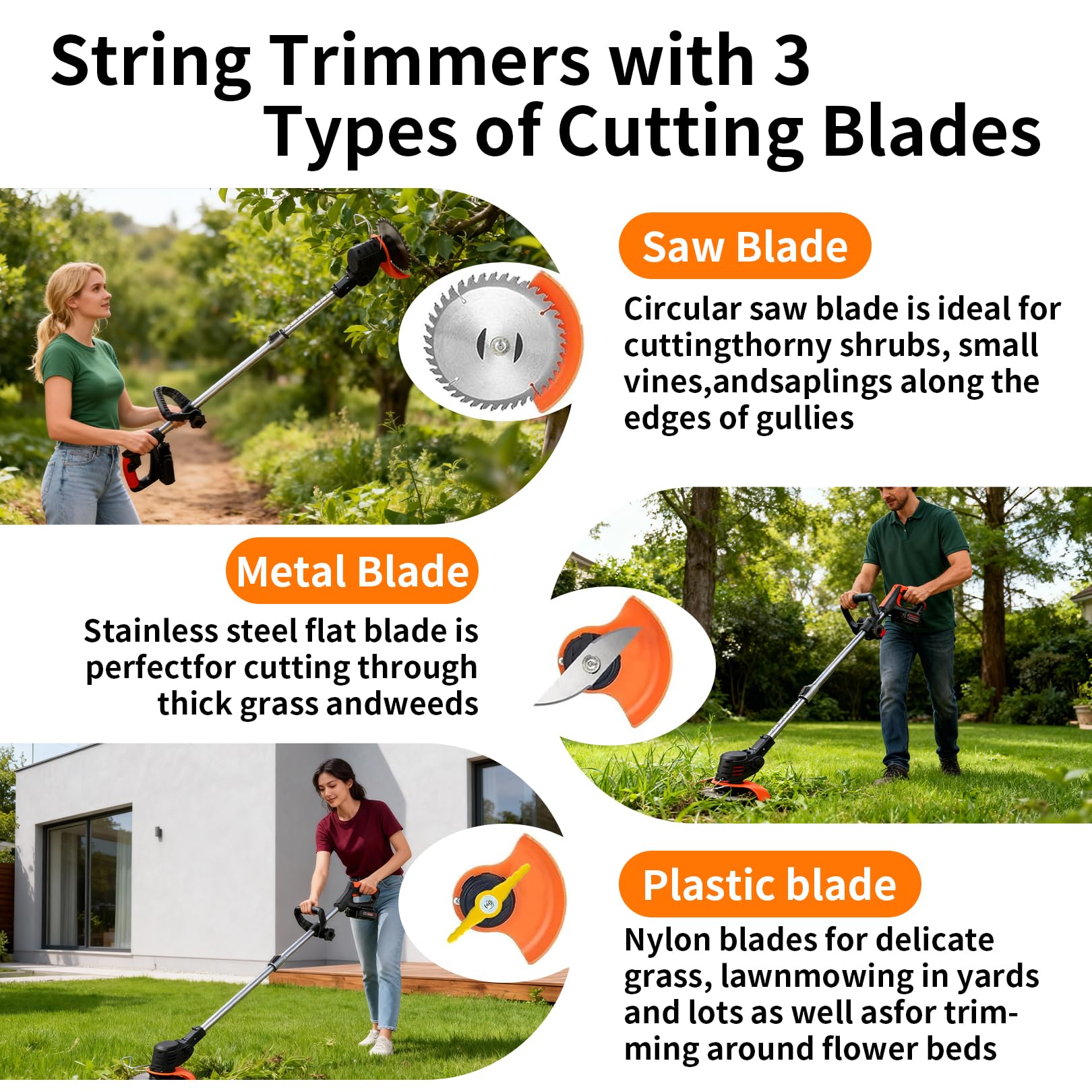 Strimmer,Cordless strimmer with 2 * 21V 2.0Ah batteries, Metal blade strimmers with 3 types of blades, Height Adjustable Battery strimmers/Garden strimmer/Electric strimmer for garden, lawn,villa - 2