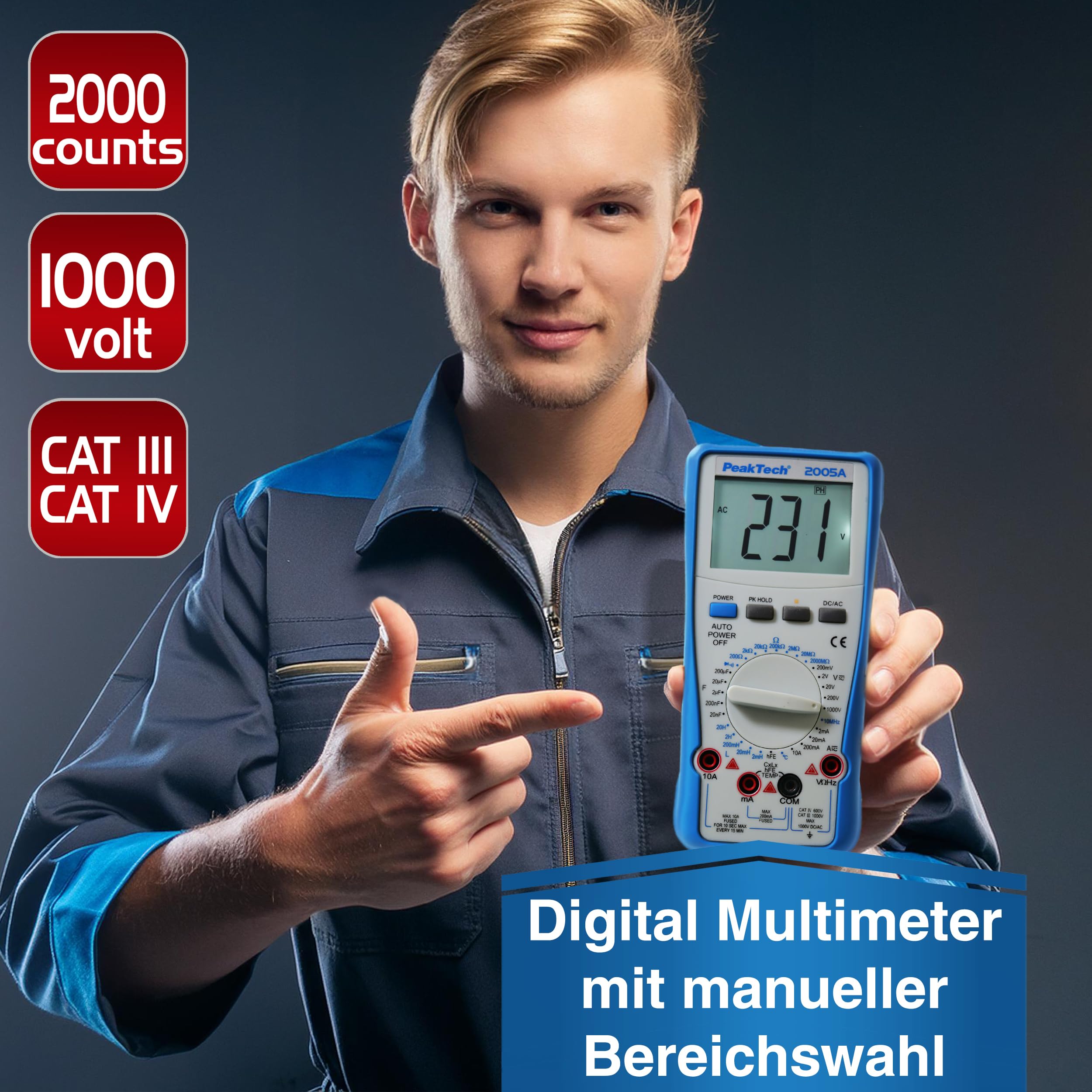 PeakTech P 2005 A – Digital Multimeter mit LCD-Anzeige – Strommessgerät mit 2000 Counts – Profi-Messgerät für Elektriker mit Auto-Hold Funktion – CAT III 1000V – Blau