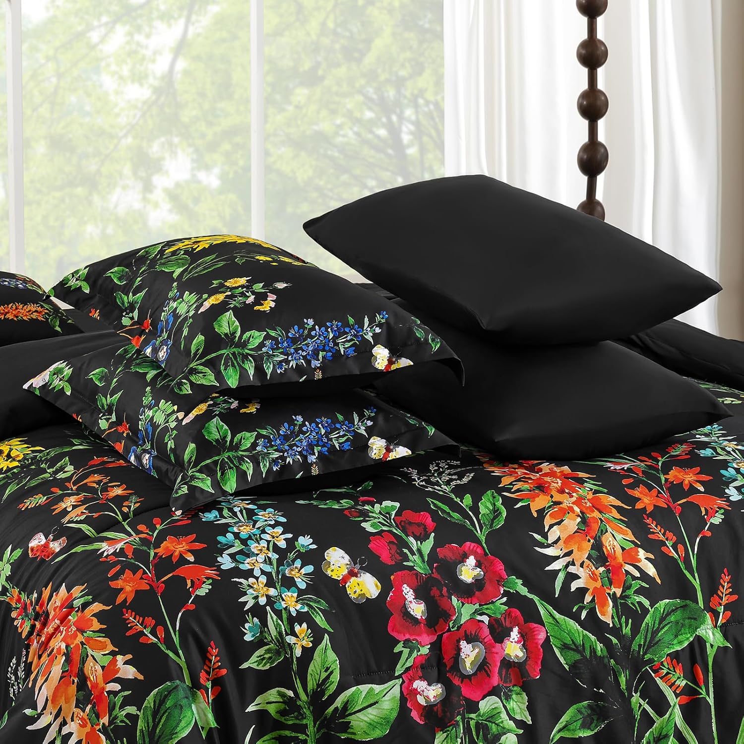 WONGS BEDDING Black Comforter Set King Size 8 Pieces Bed in a Bag Colorful Floral Botanical Complete Bedding Set with Sheets, Soft Microfiber Reversible Comforter Bed Set for All Season - Image 7