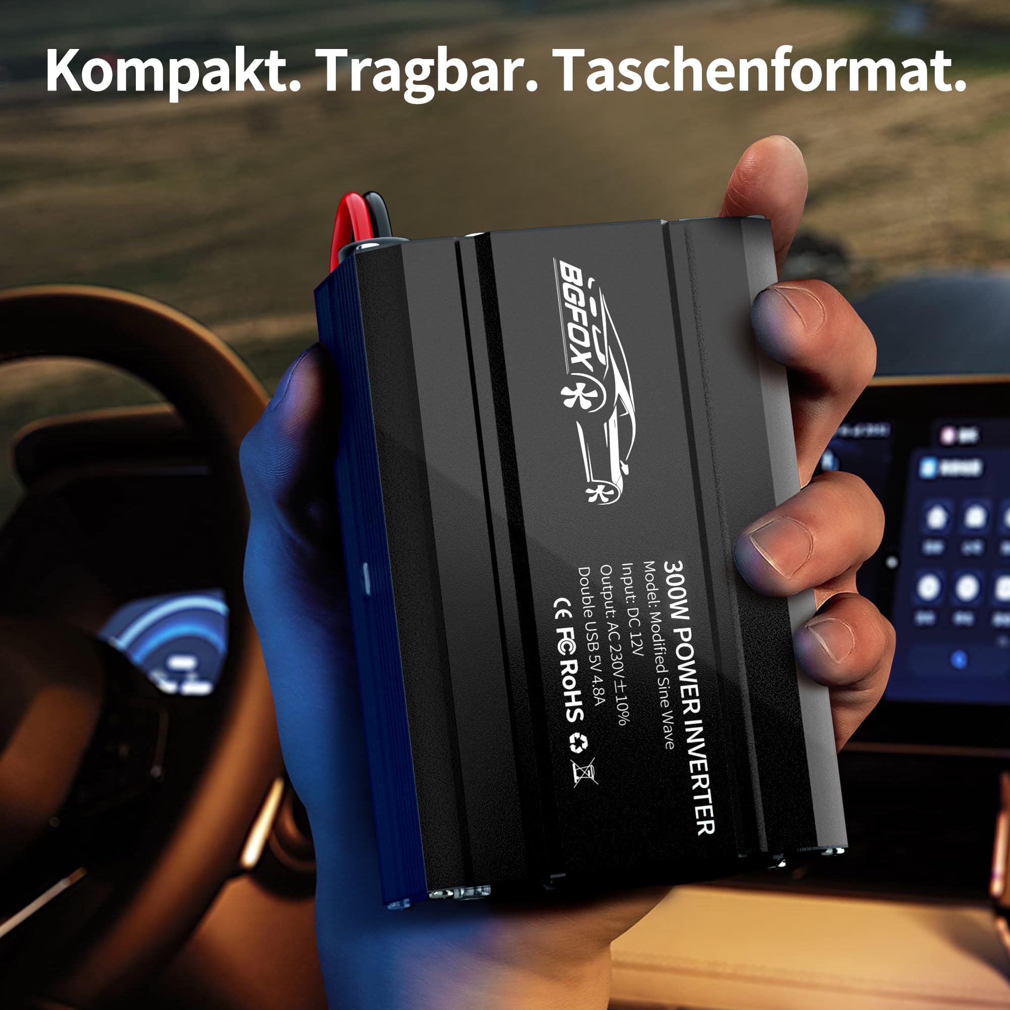Przetwornica napięcia 300 W DC 12 V na 230 V AC, falownik zmodyfikowany sinusoidalny z podwójnym złączem USB 4,8 A, ładowanie laptopa, do iPhone'a, iPada, tabletu i wielu innych - czarny